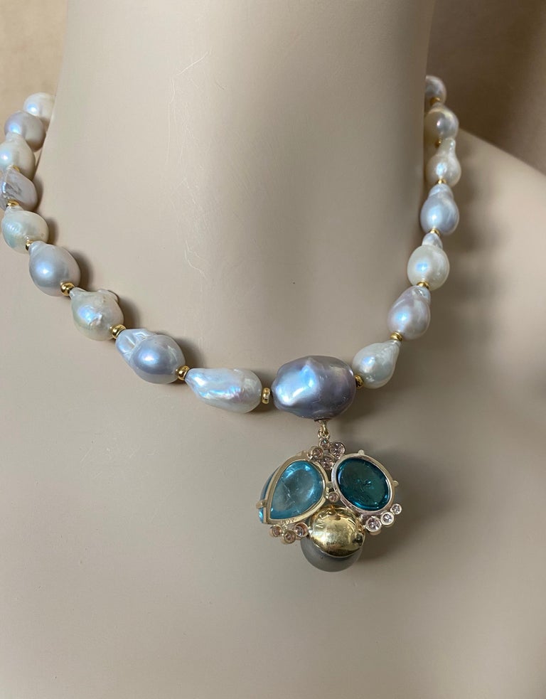 Michael Kneebone Tourmaline Aquamarine Tahitian Pearl Confetti Necklace For Sale 2