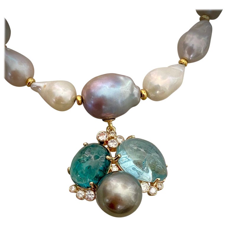 Michael Kneebone Tourmaline Aquamarine Tahitian Pearl Confetti Necklace For Sale