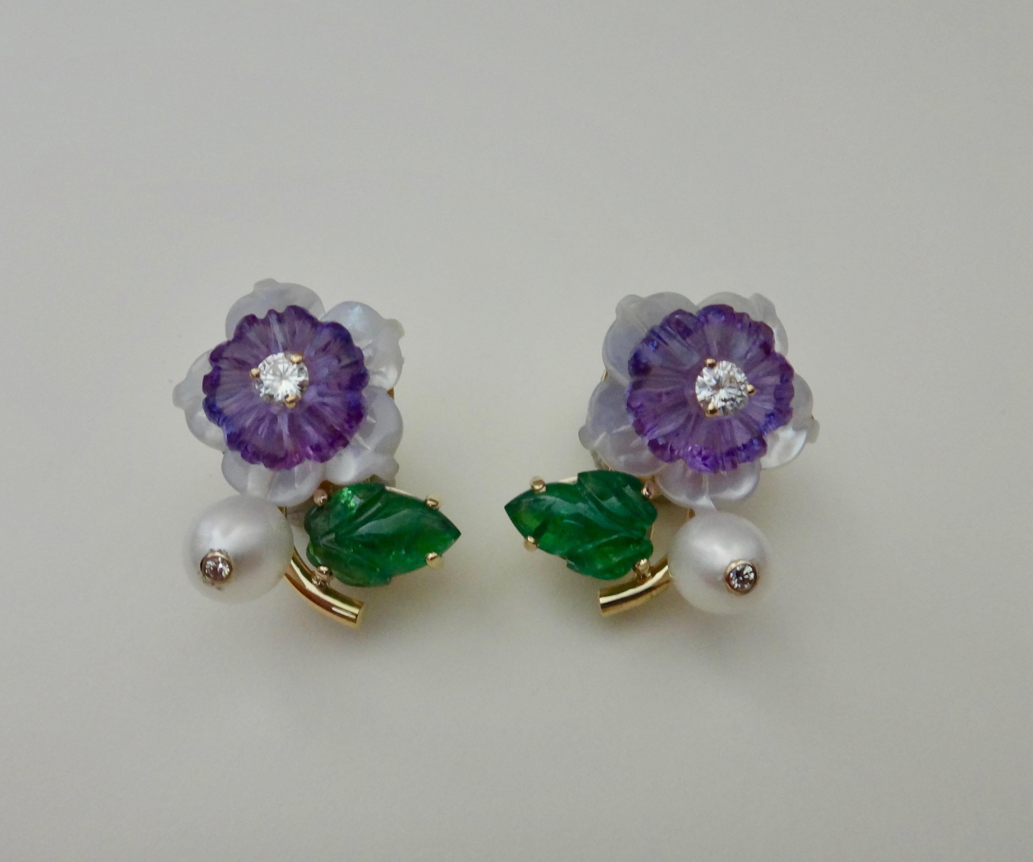 Contemporary Michael Kneebone Tsavorite Garnet Amethyst Diamond Pearl Flower Earrings
