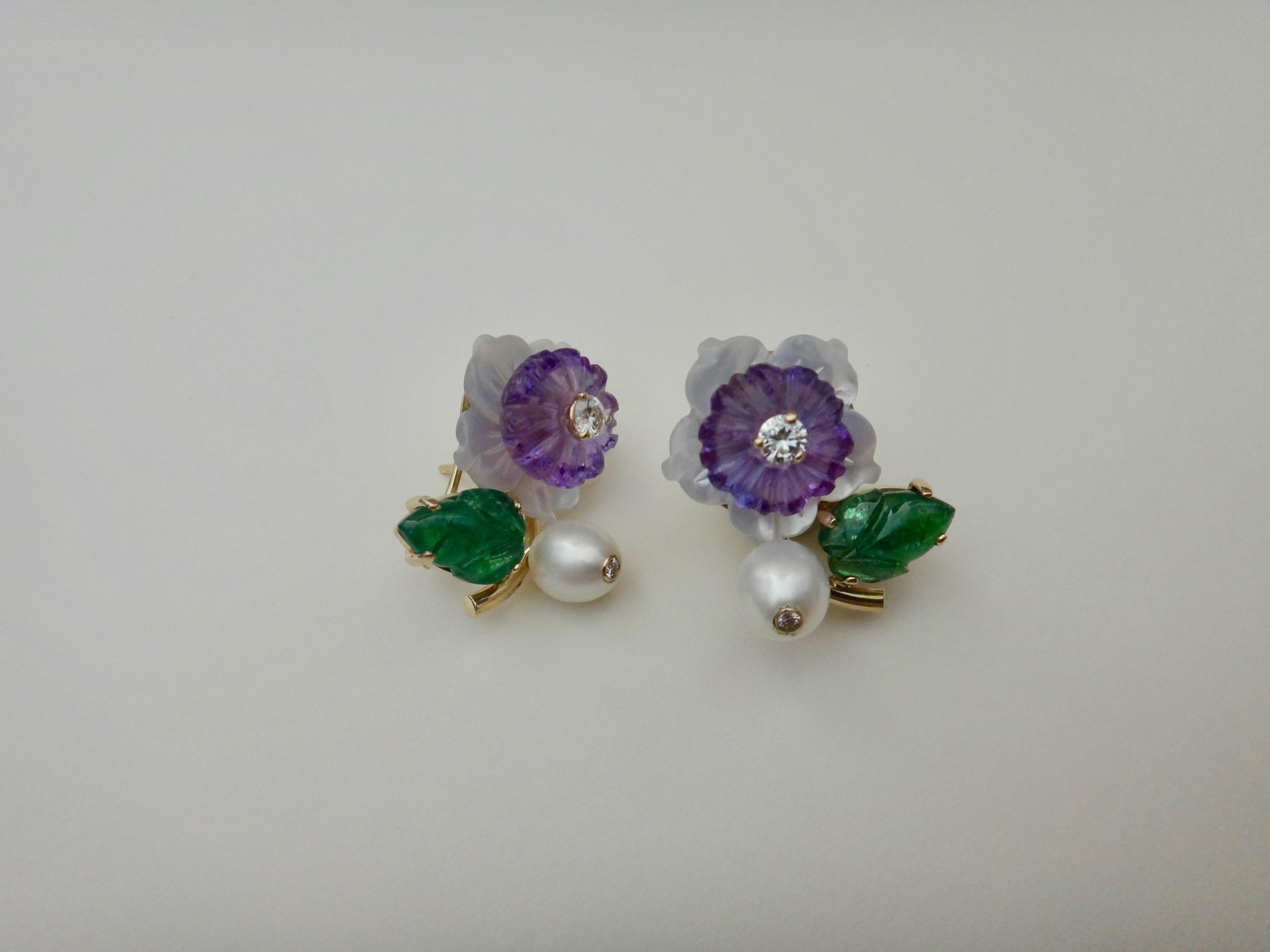 Michael Kneebone Tsavorite Garnet Amethyst Diamond Pearl Flower Earrings In Excellent Condition In Austin, TX