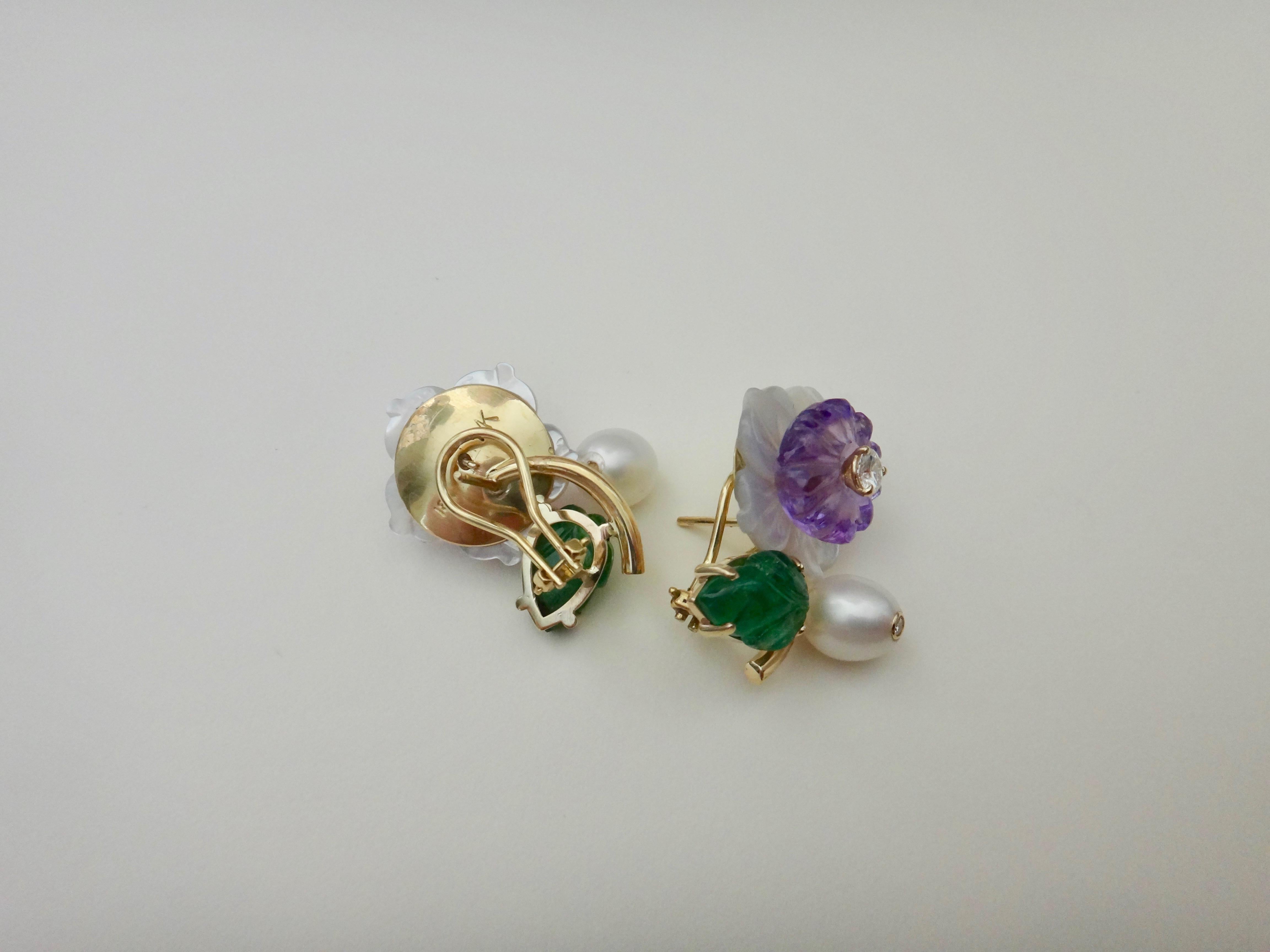 Michael Kneebone Tsavorite Garnet Amethyst Diamond Pearl Flower Earrings 1