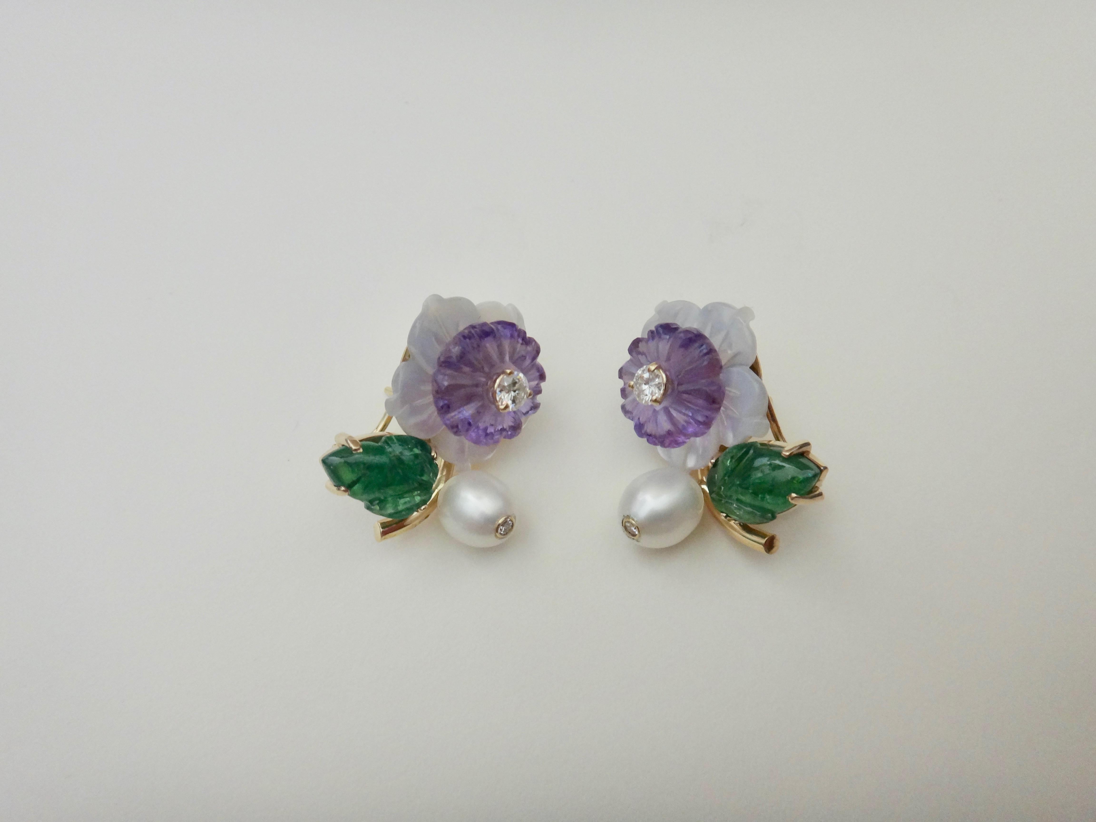 Michael Kneebone Tsavorite Garnet Amethyst Diamond Pearl Flower Earrings 3