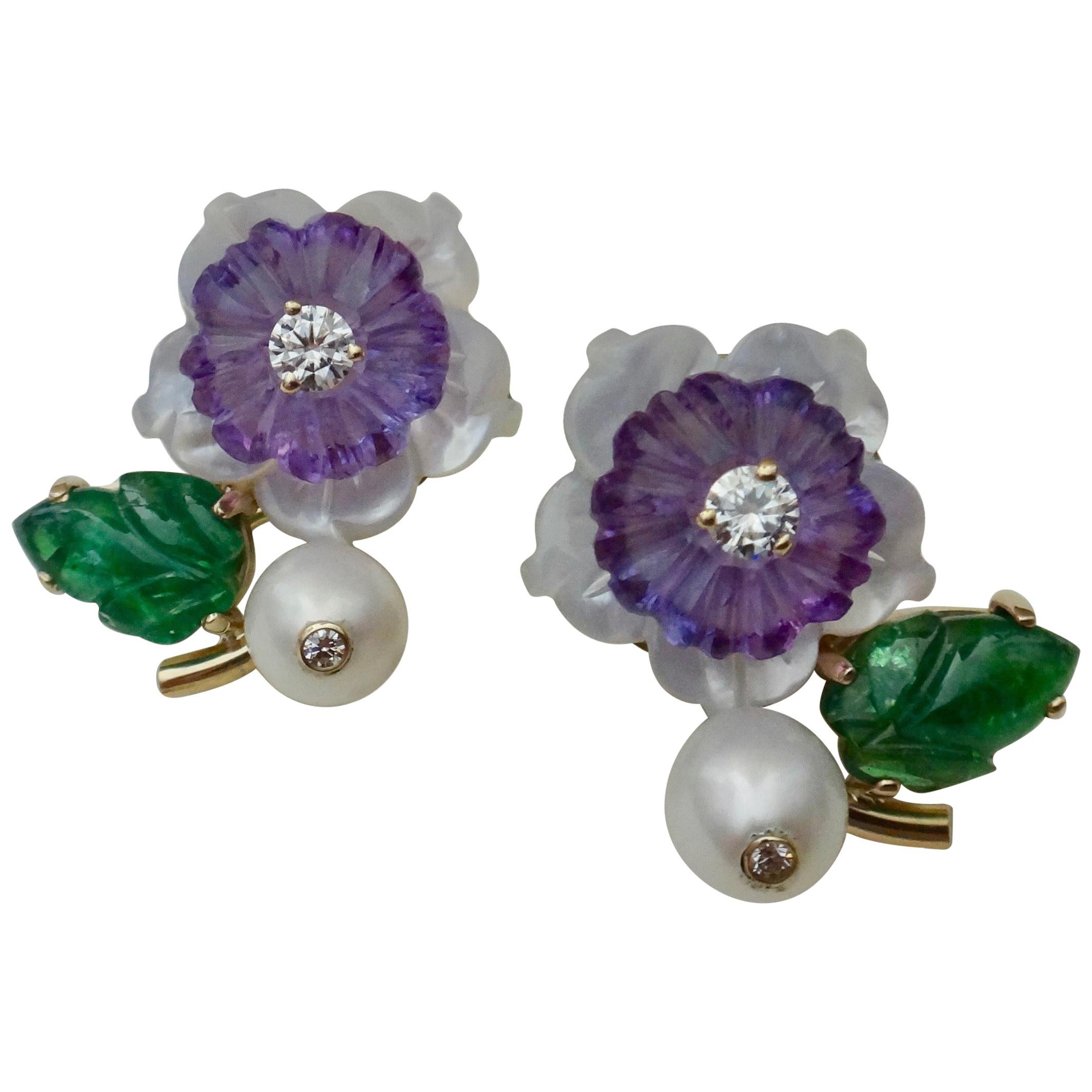 Michael Kneebone Tsavorite Garnet Amethyst Diamond Pearl Flower Earrings