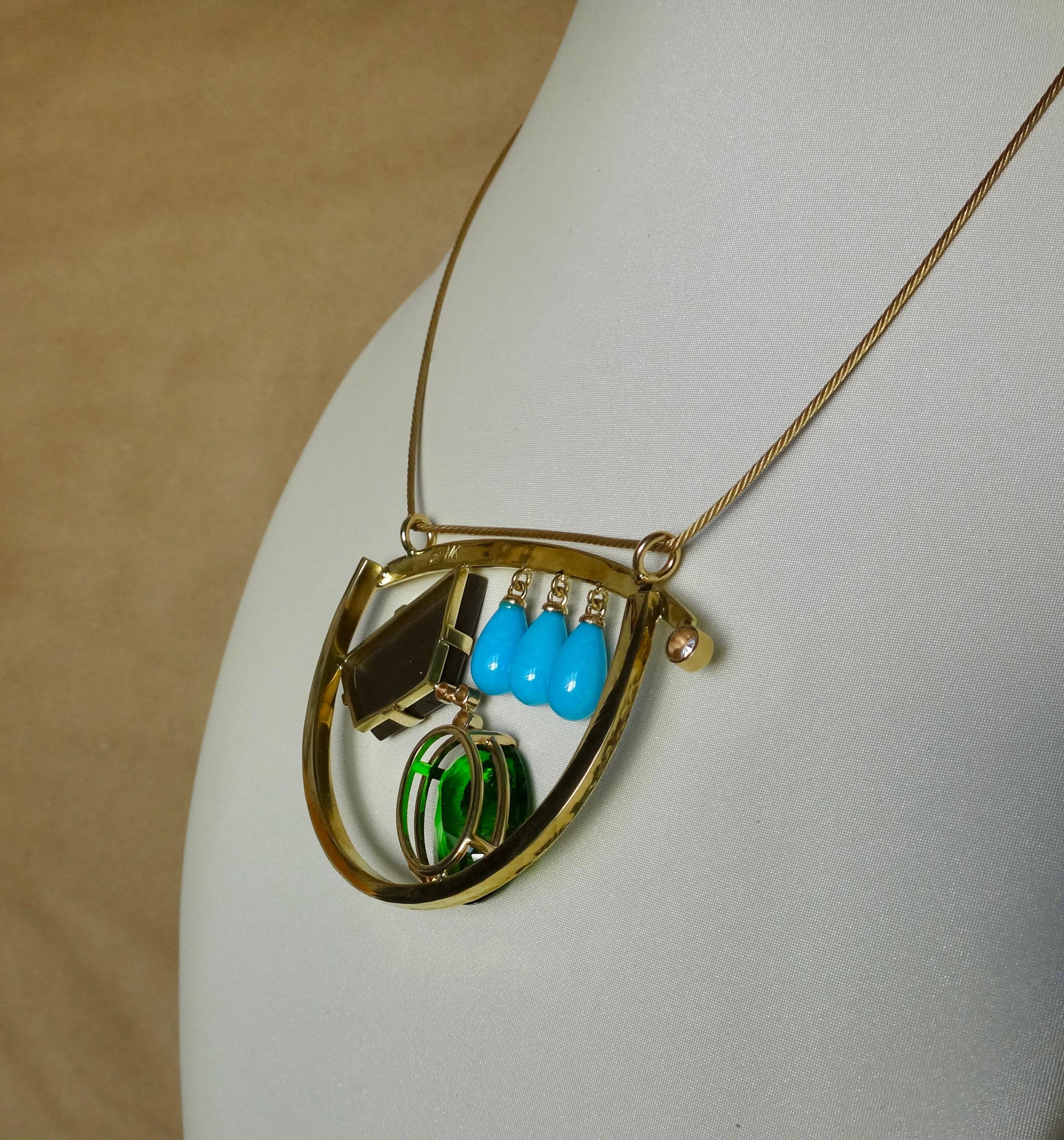 Michael Kneebone Turquoise Ammonite Moldavite Diamond Modernist Pendant In New Condition In Austin, TX