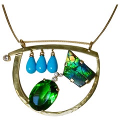 Michael Kneebone Turquoise Ammonite Moldavite Diamond Modernist Pendant