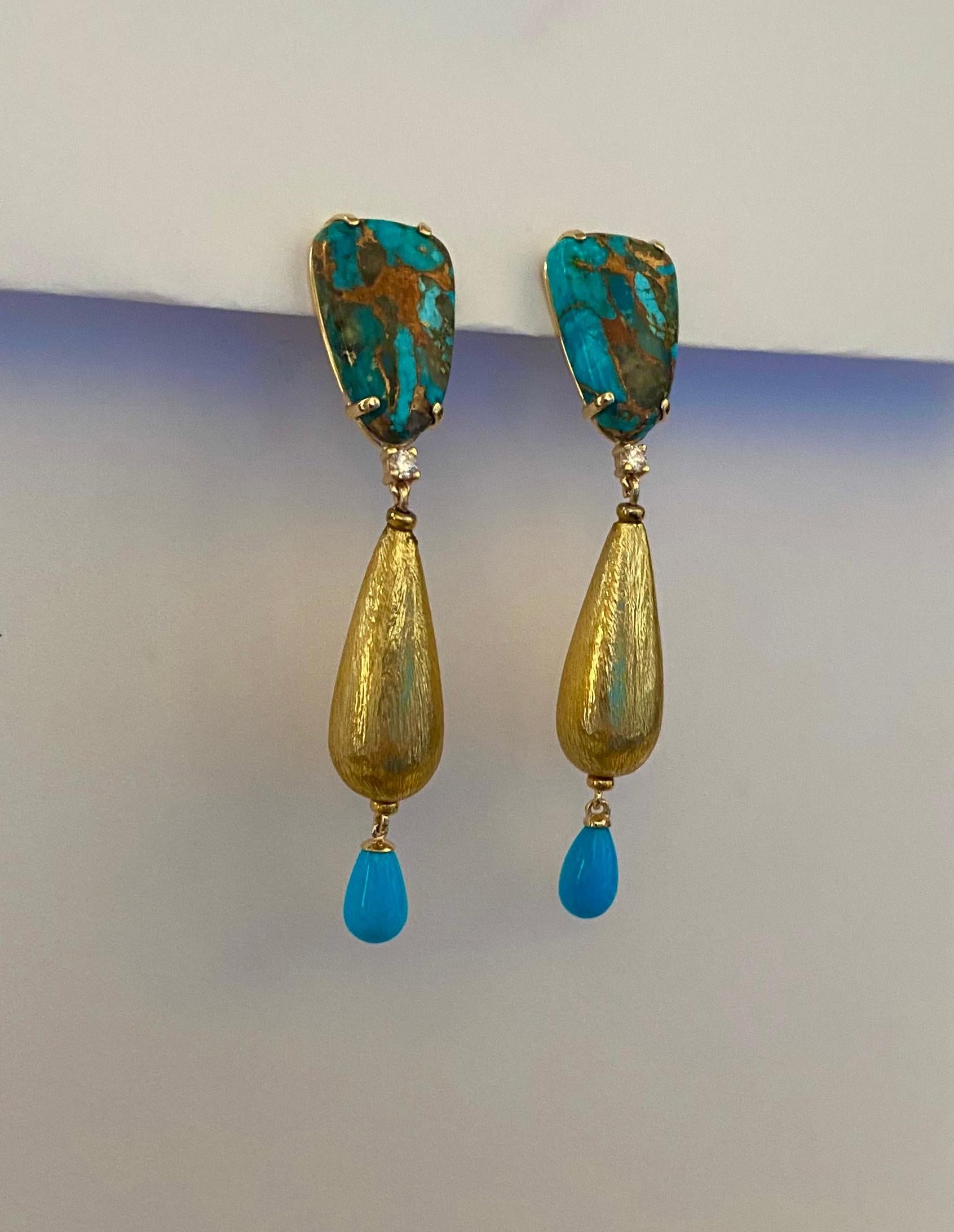 Contemporary Michael Kneebone Turquoise Diamond Mixed Metal Dangle Earrings For Sale