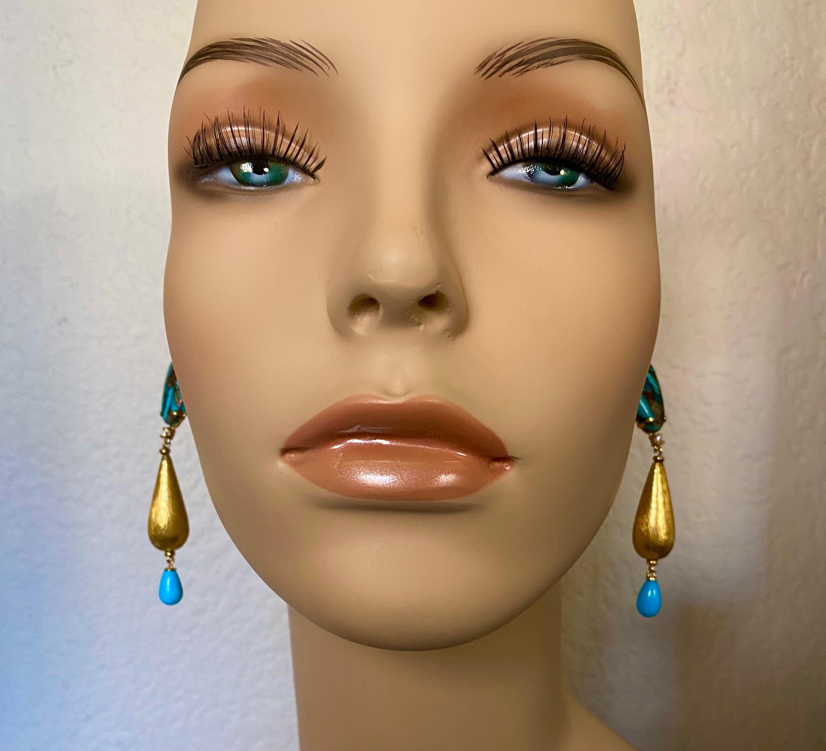 Mixed Cut Michael Kneebone Turquoise Diamond Mixed Metal Dangle Earrings For Sale