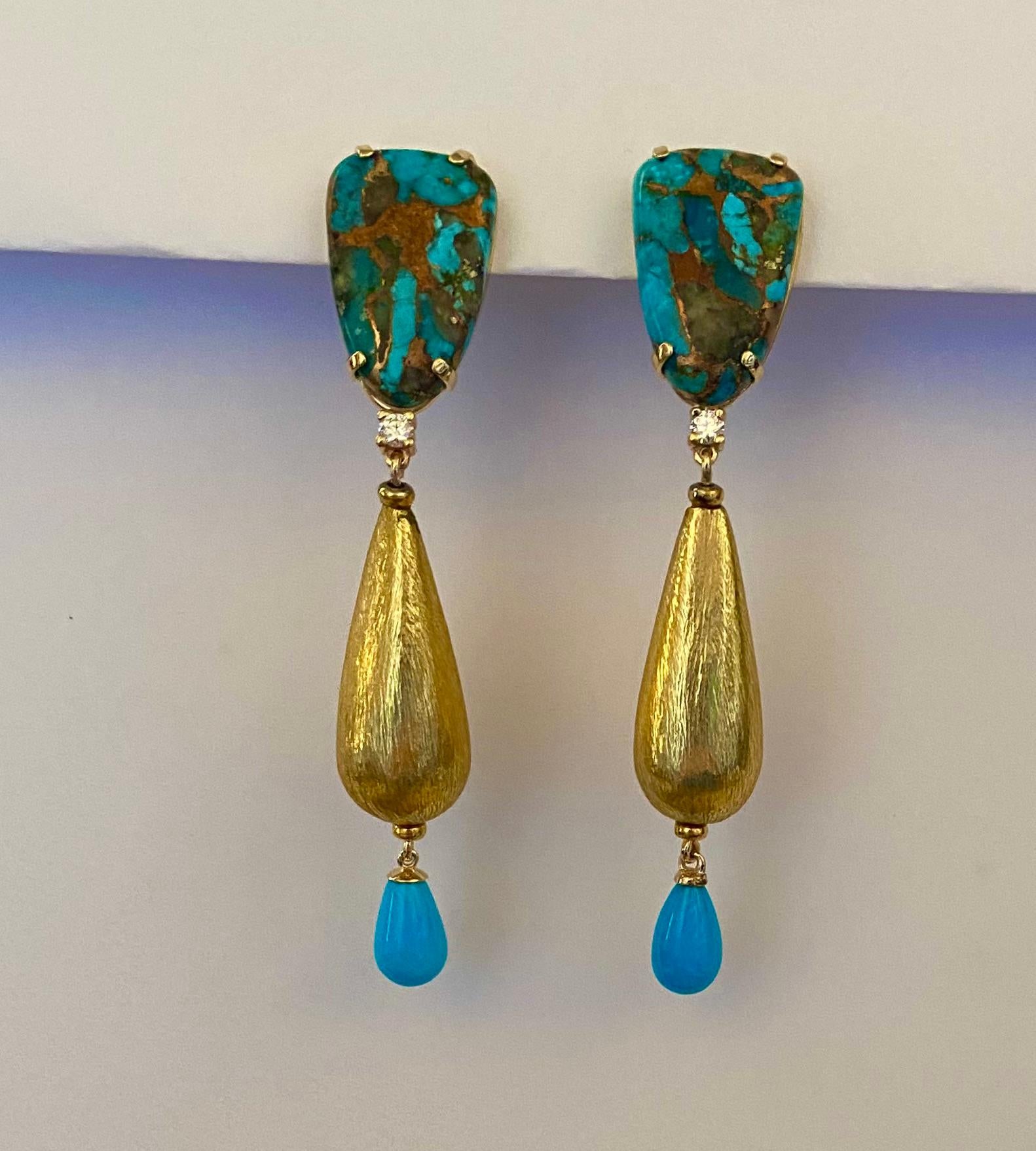Michael Kneebone Turquoise Diamond Mixed Metal Dangle Earrings In New Condition For Sale In Austin, TX