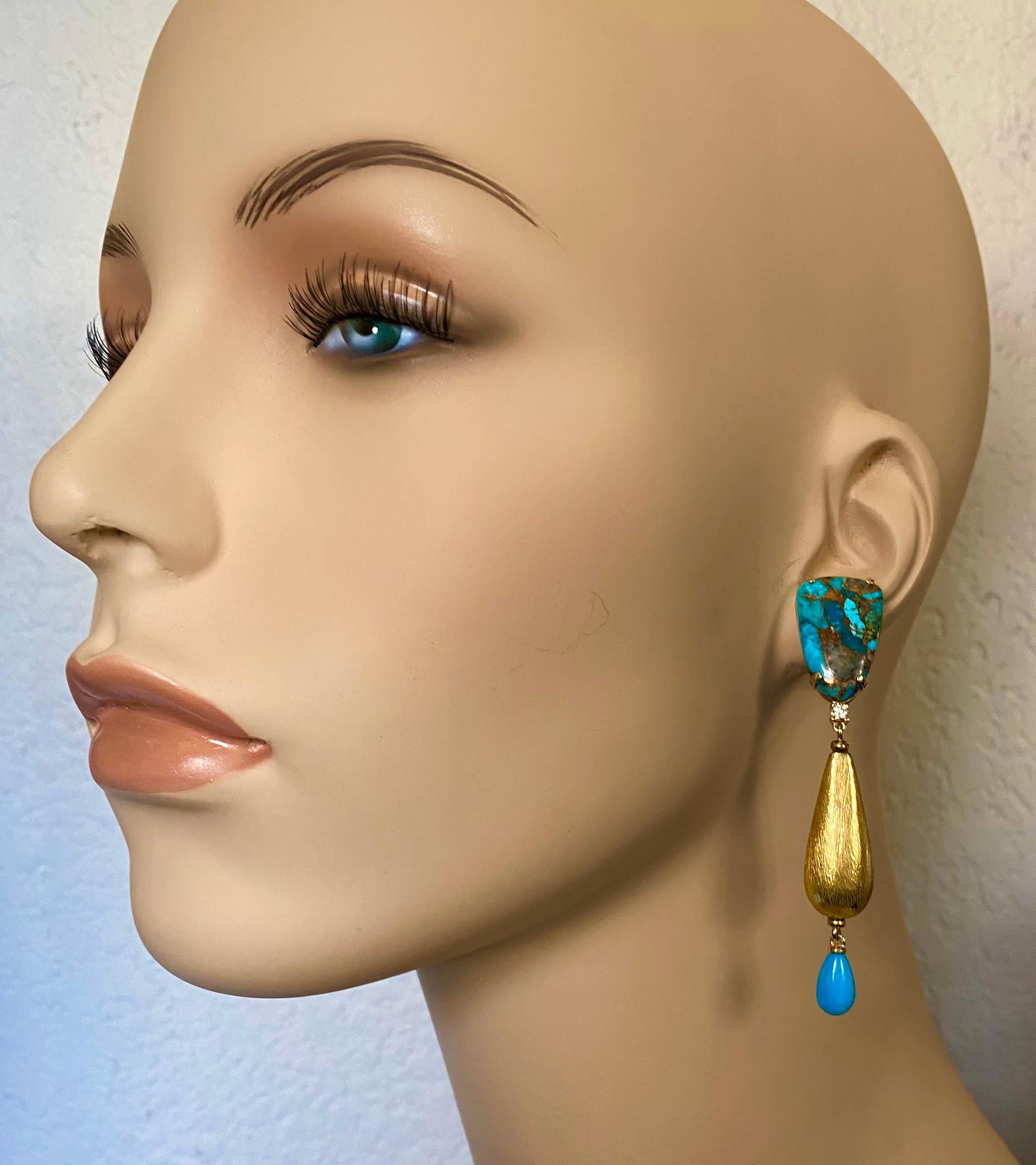 Michael Kneebone Turquoise Diamond Mixed Metal Dangle Earrings For Sale 1
