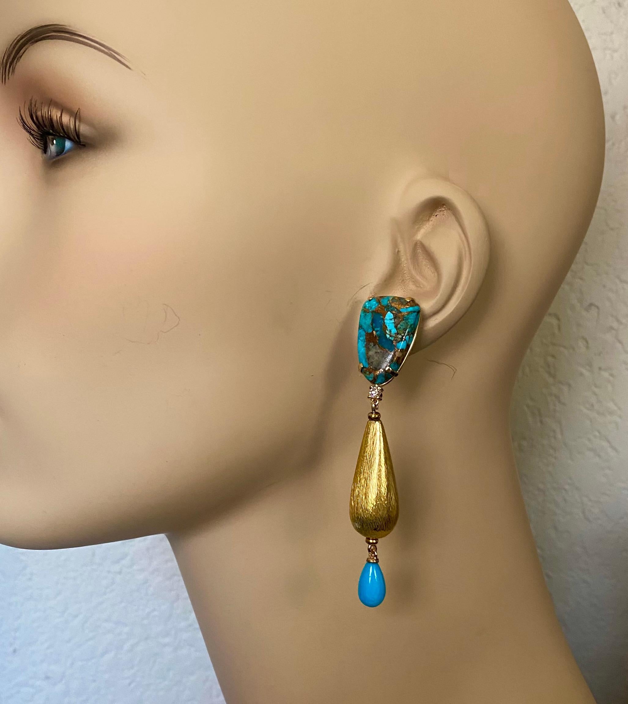 Michael Kneebone Turquoise Diamond Mixed Metal Dangle Earrings For Sale 3