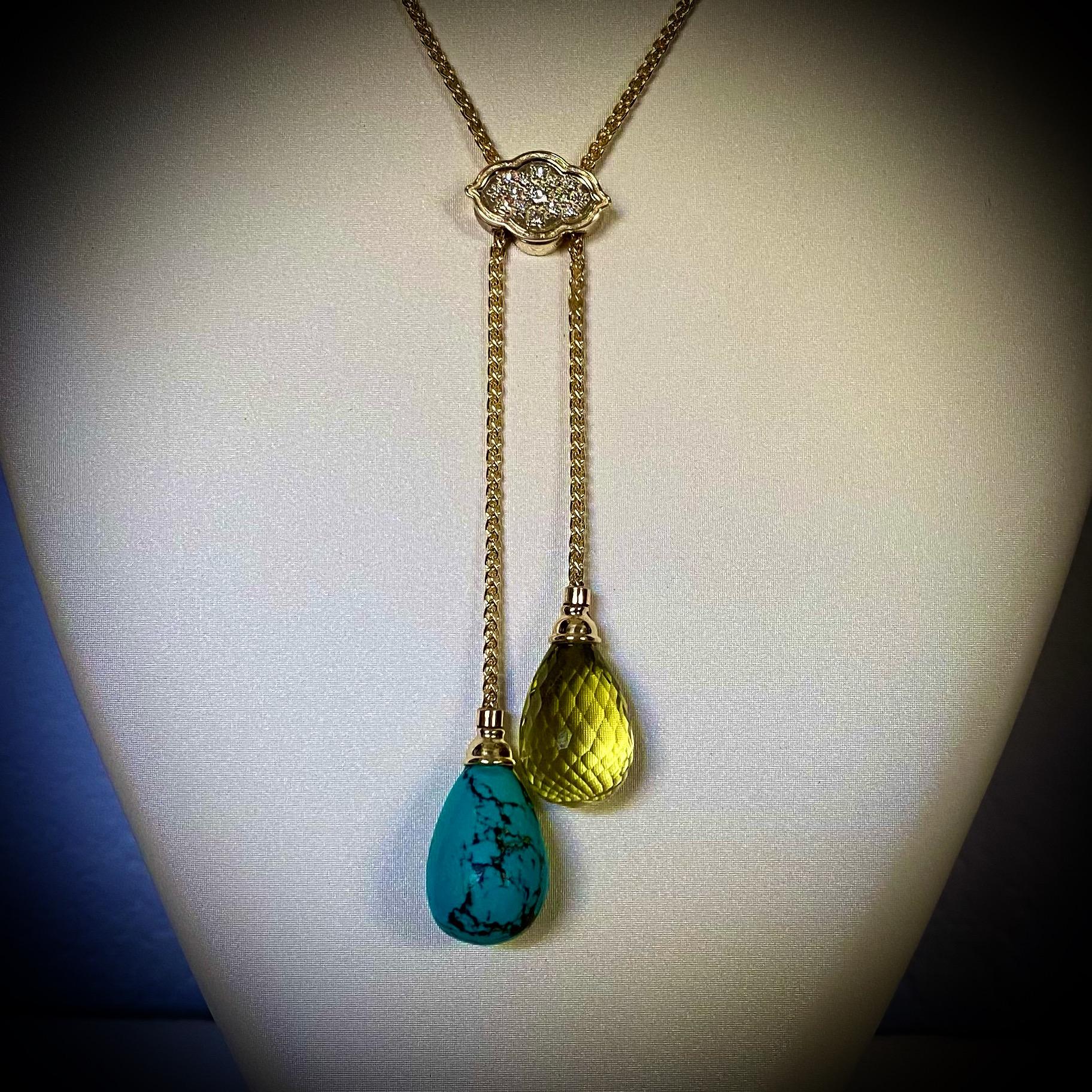 Chinese Spiderweb turquoise is paired with lemon citrine in this elegant lariat necklace.  The fine black webbing dramatically contrasts with the bold color of the turquoise drop.  A brightly colored lemon citrine briolette adds a cool color