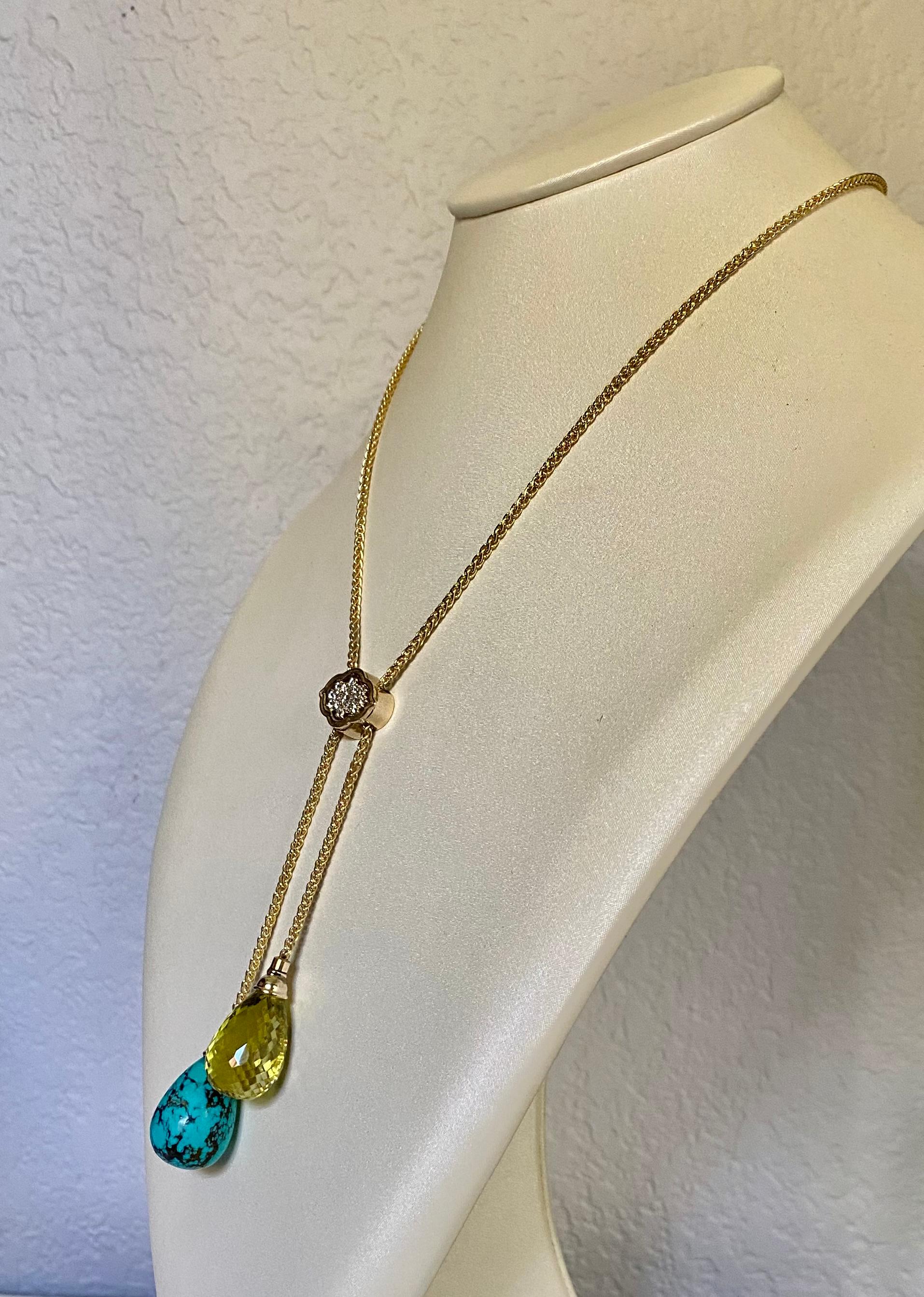 Contemporary Michael Kneebone Turquoise Lemon Citrine Diamond 18k Gold Lariat Necklace For Sale