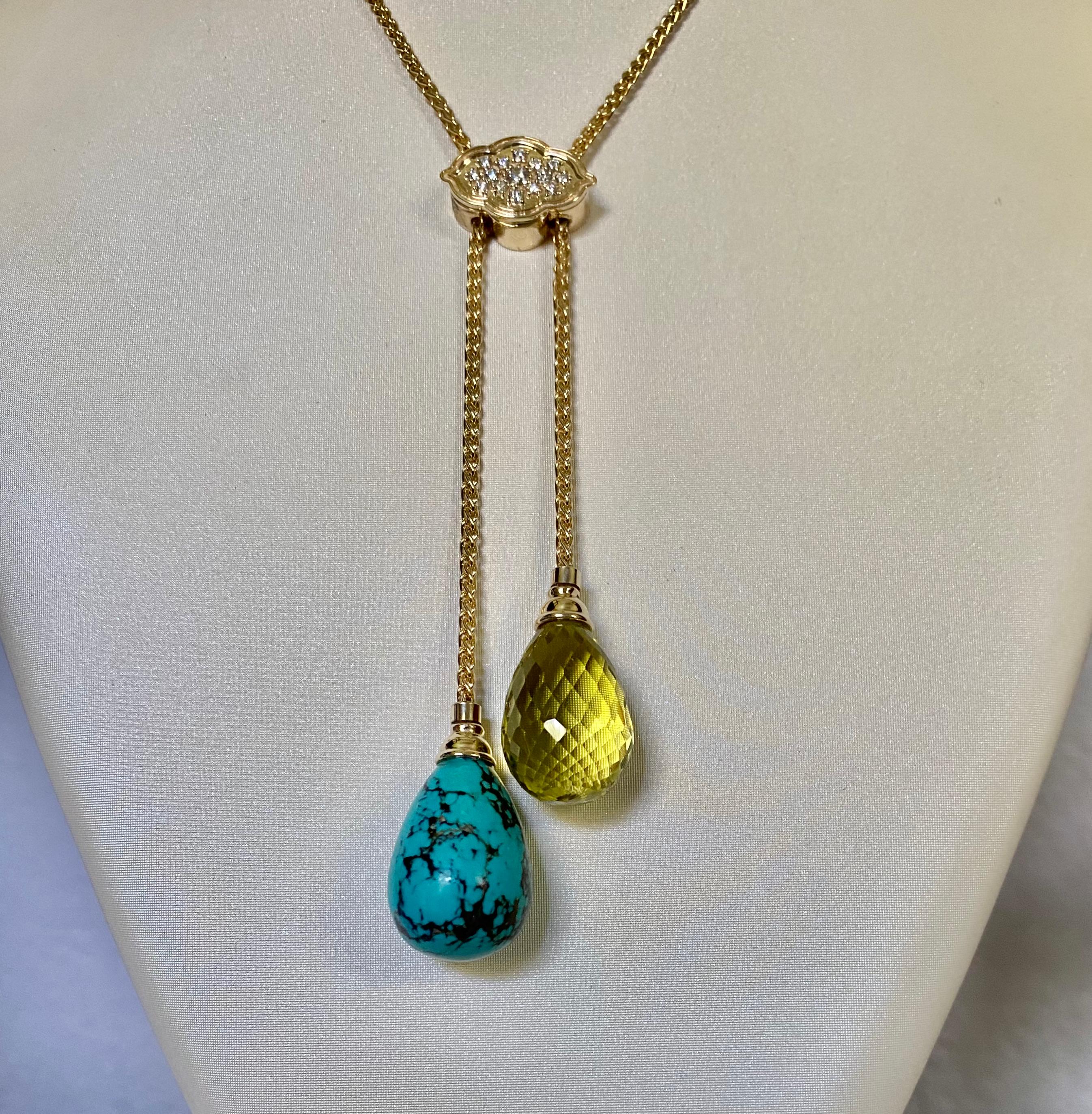 Mixed Cut Michael Kneebone Turquoise Lemon Citrine Diamond 18k Gold Lariat Necklace For Sale