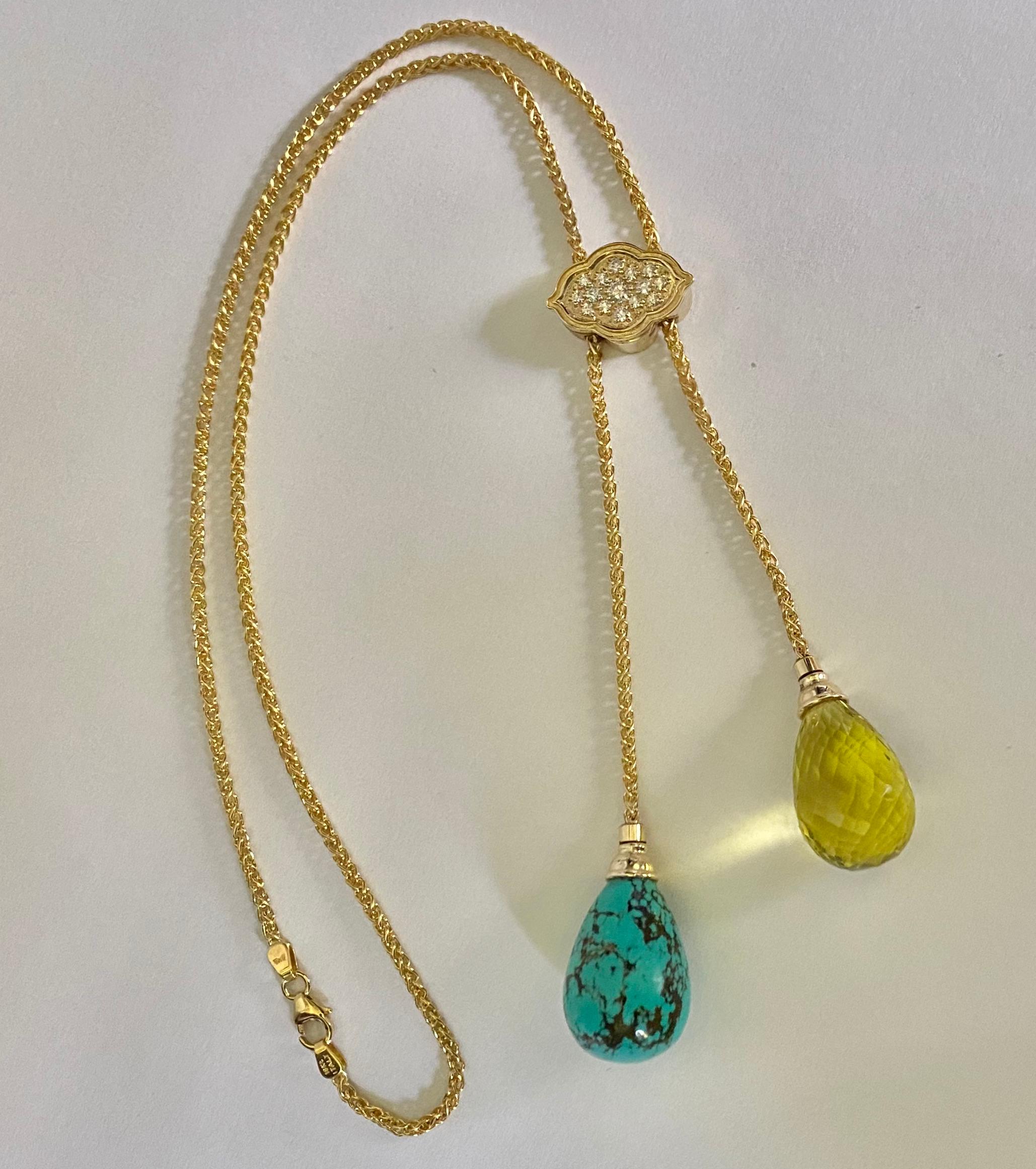 Michael Kneebone Turquoise Lemon Citrine Diamond 18k Gold Lariat Necklace In New Condition For Sale In Austin, TX