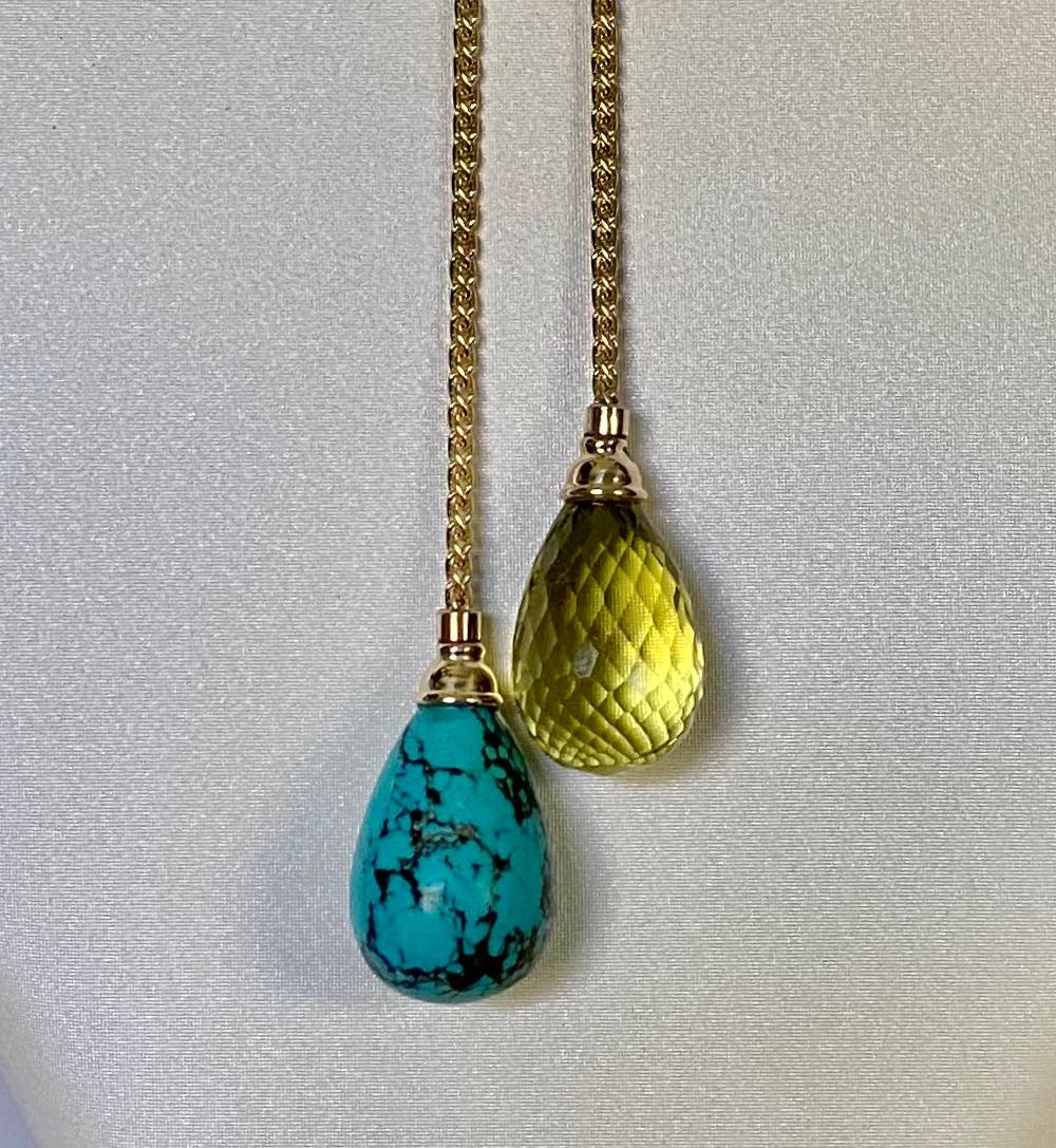 Women's Michael Kneebone Turquoise Lemon Citrine Diamond 18k Gold Lariat Necklace For Sale