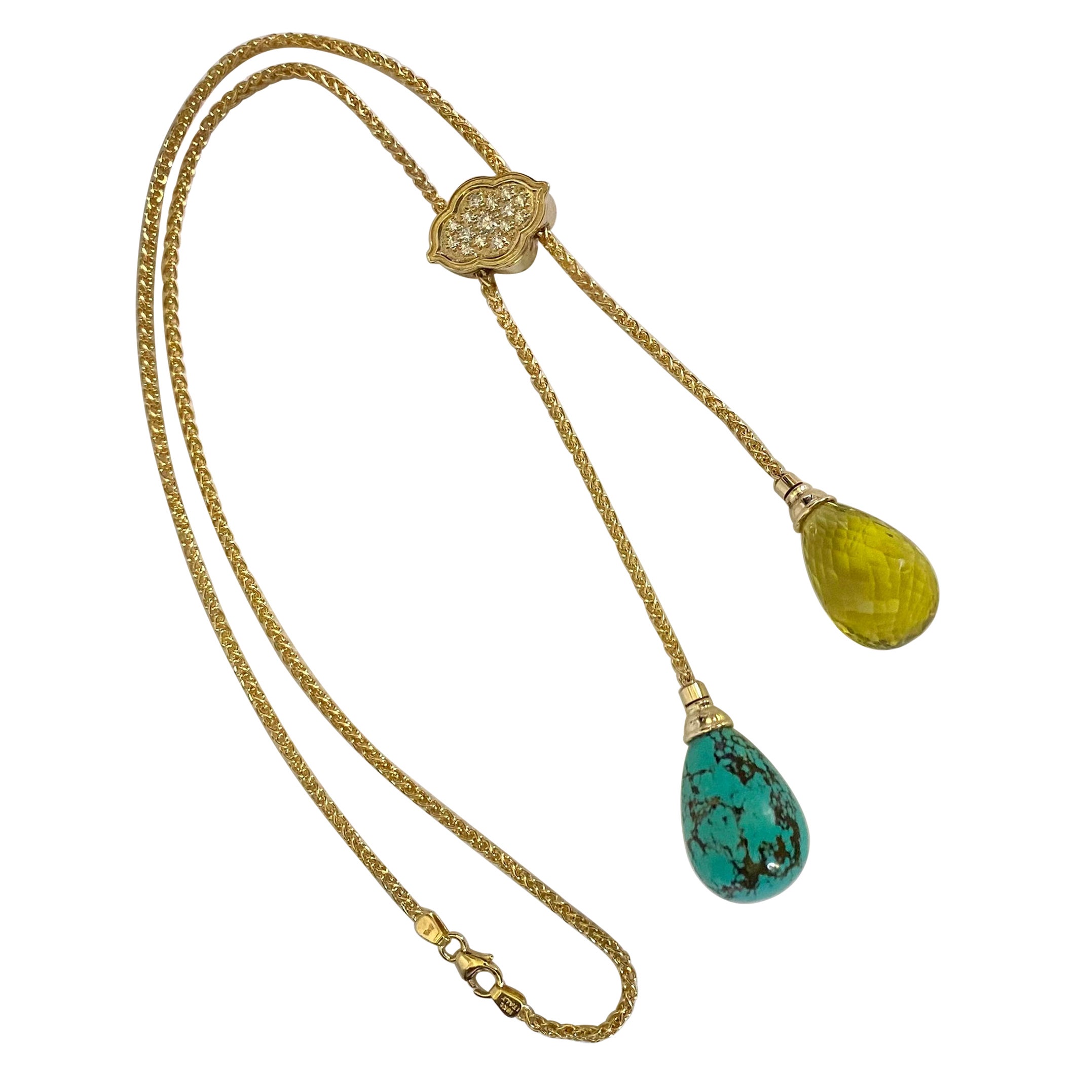 Michael Kneebone Collier lariat en or 18 carats avec turquoise, citrine citron et diamants en vente