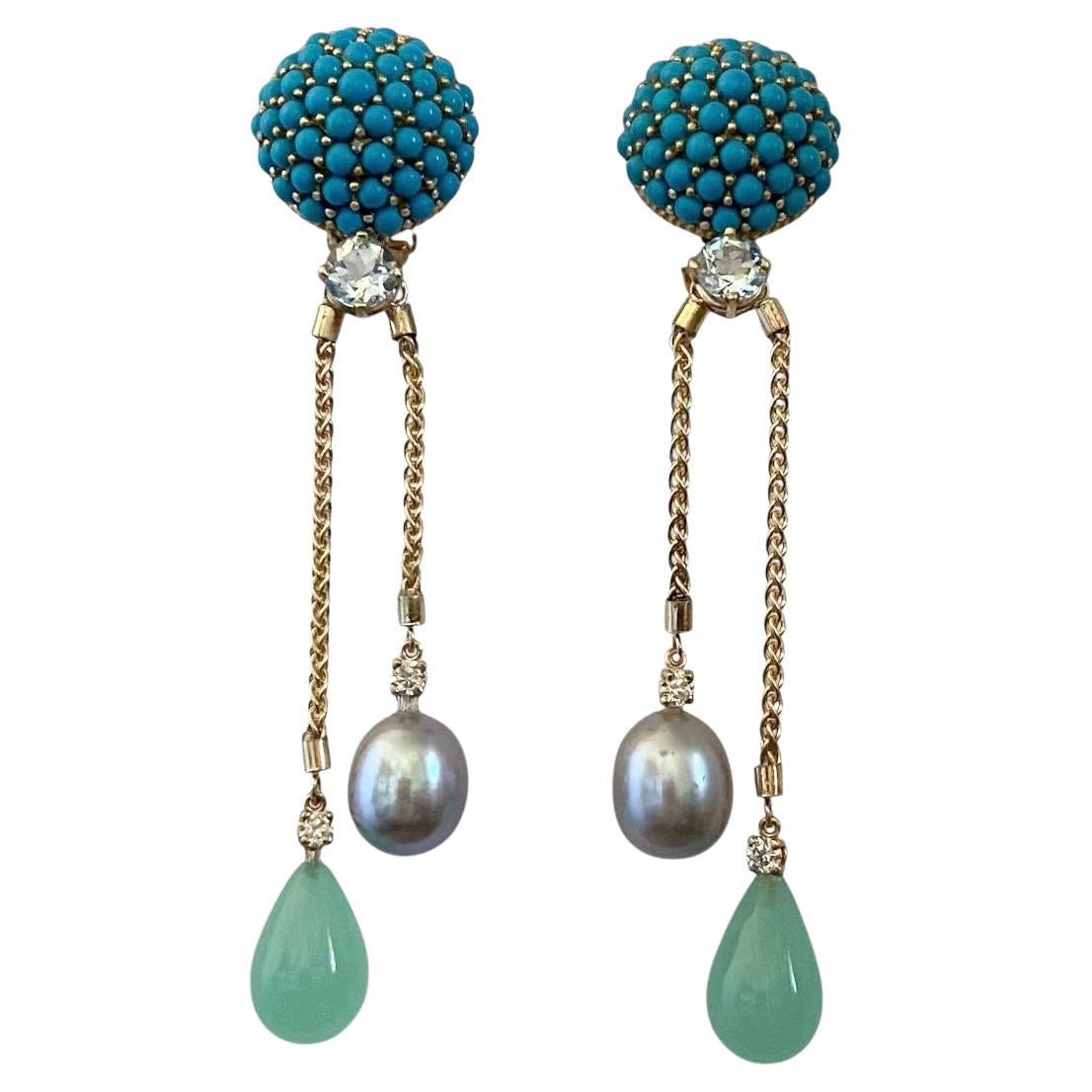 Michael Kneebone Turquoise Topaz Gray Pearl Diamond Chalcedony Dangle Earrings
