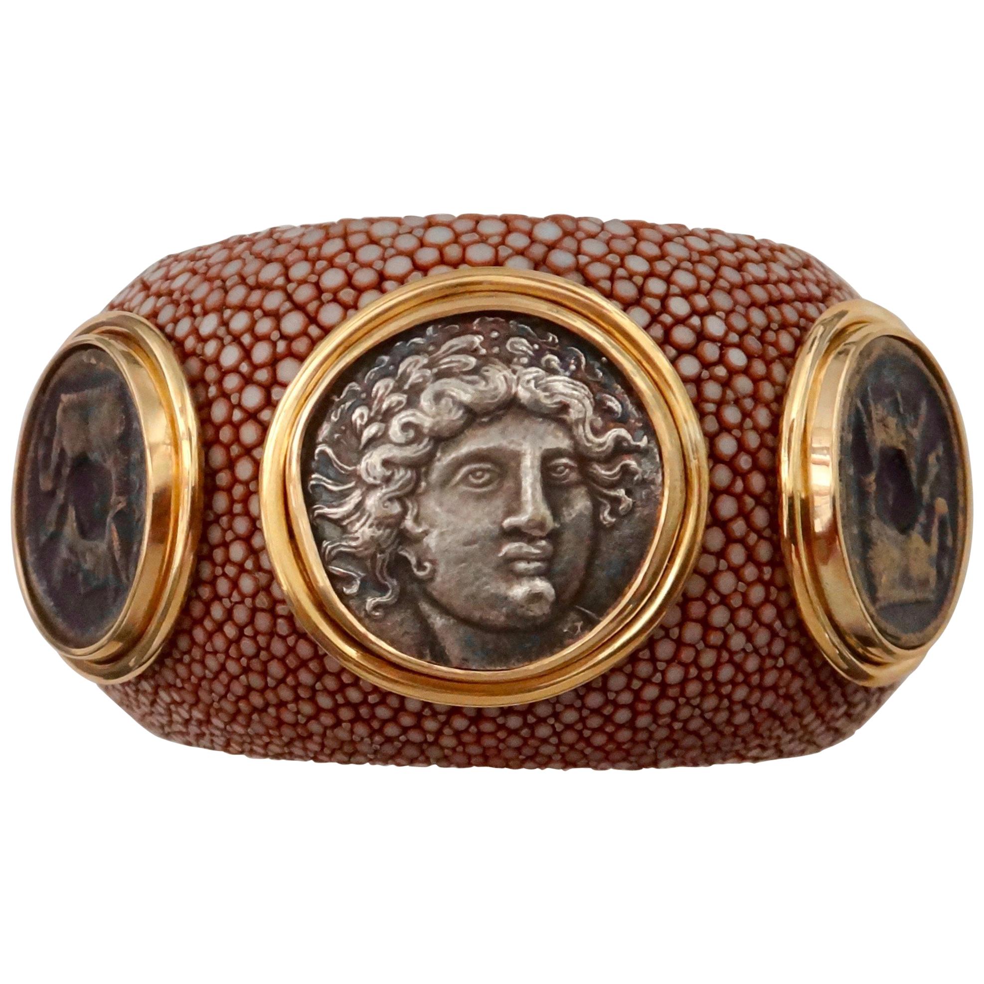 Michael Kneebone Venerable Three Coin Shagreen Cuff Bracelet