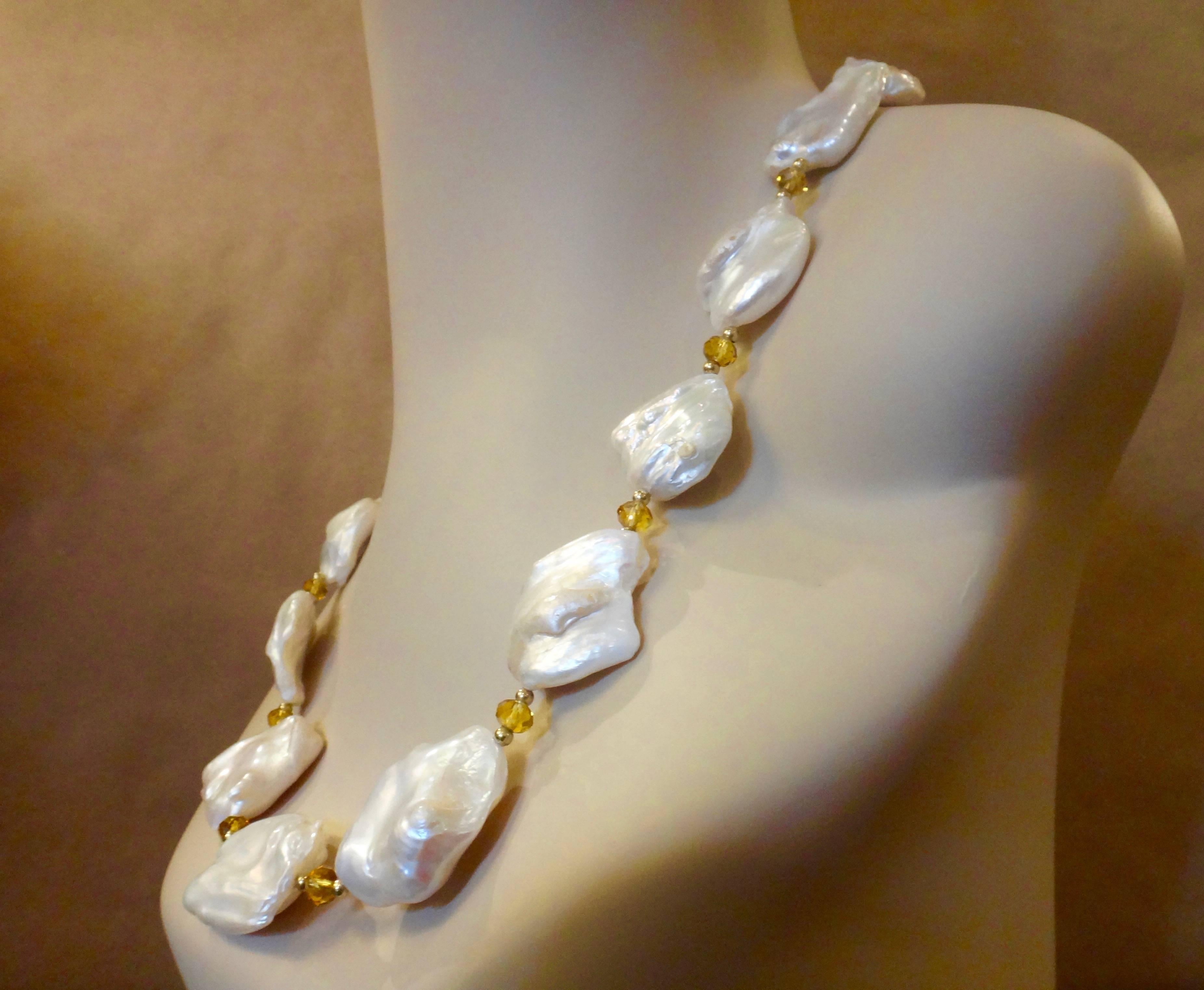 Women's or Men's Michael Kneebone White Baroque Keshi Pearl Citrine Gold Necklace
