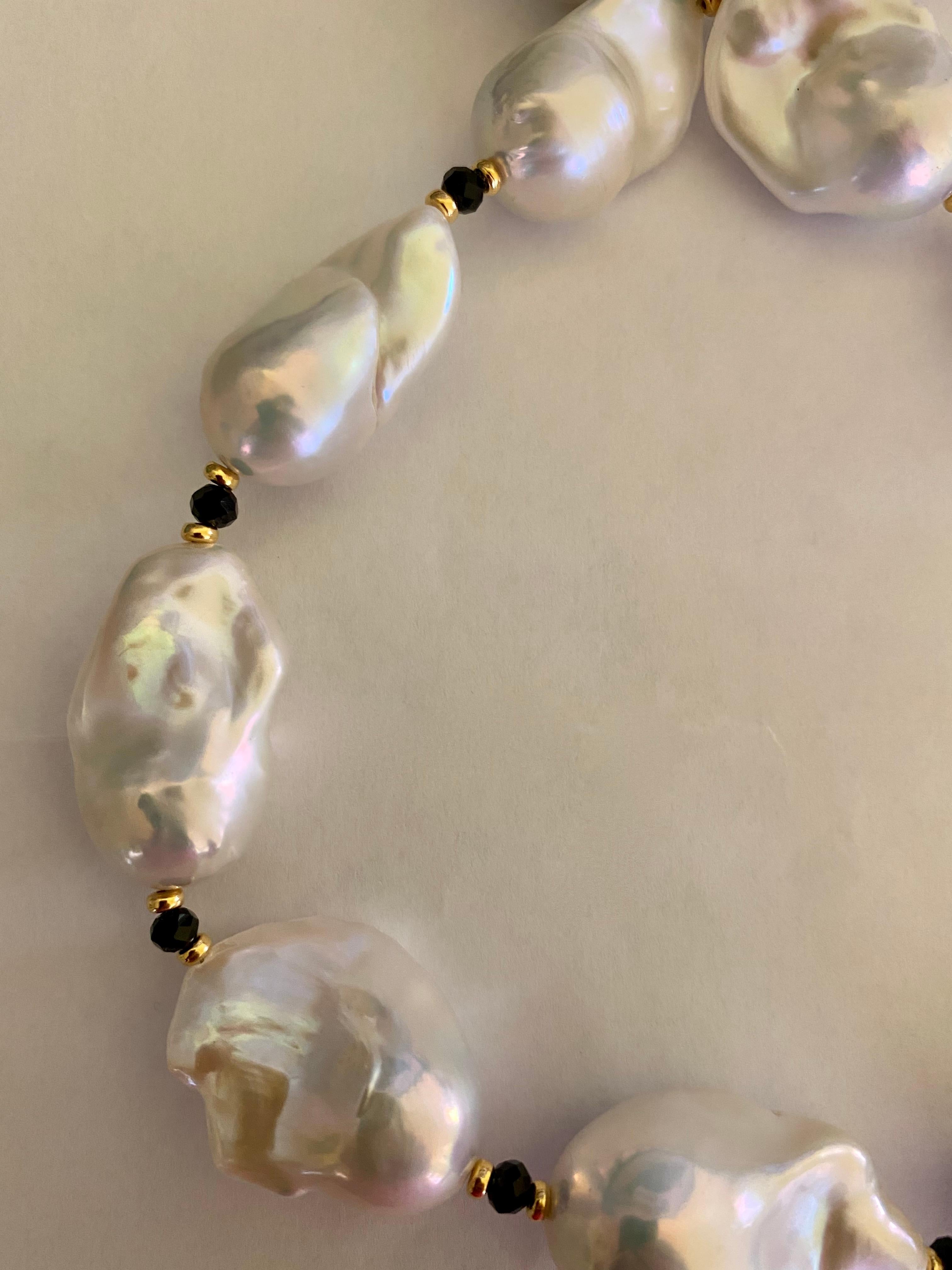 Skysk Natural 3mm Faceted Black Spinel & 7-8mm White Baroque Pearl Necklace – 18" Gold Plated, Handmade