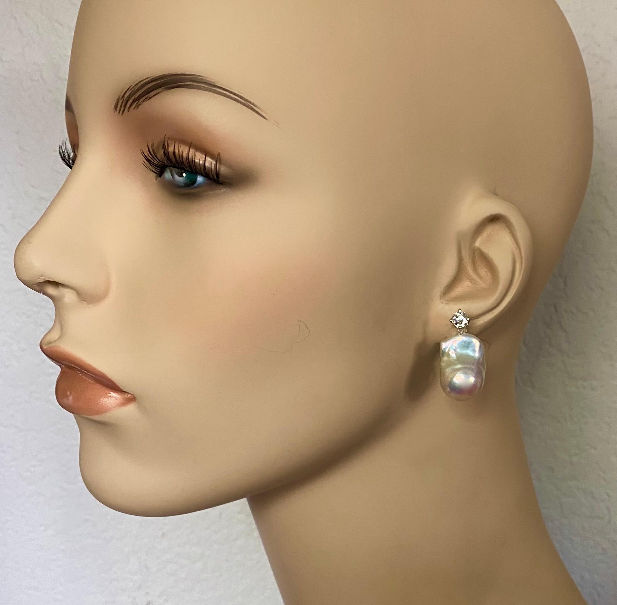 Brilliant Cut Michael Kneebone White Baroque Pearl White Diamond Drop Earrings For Sale