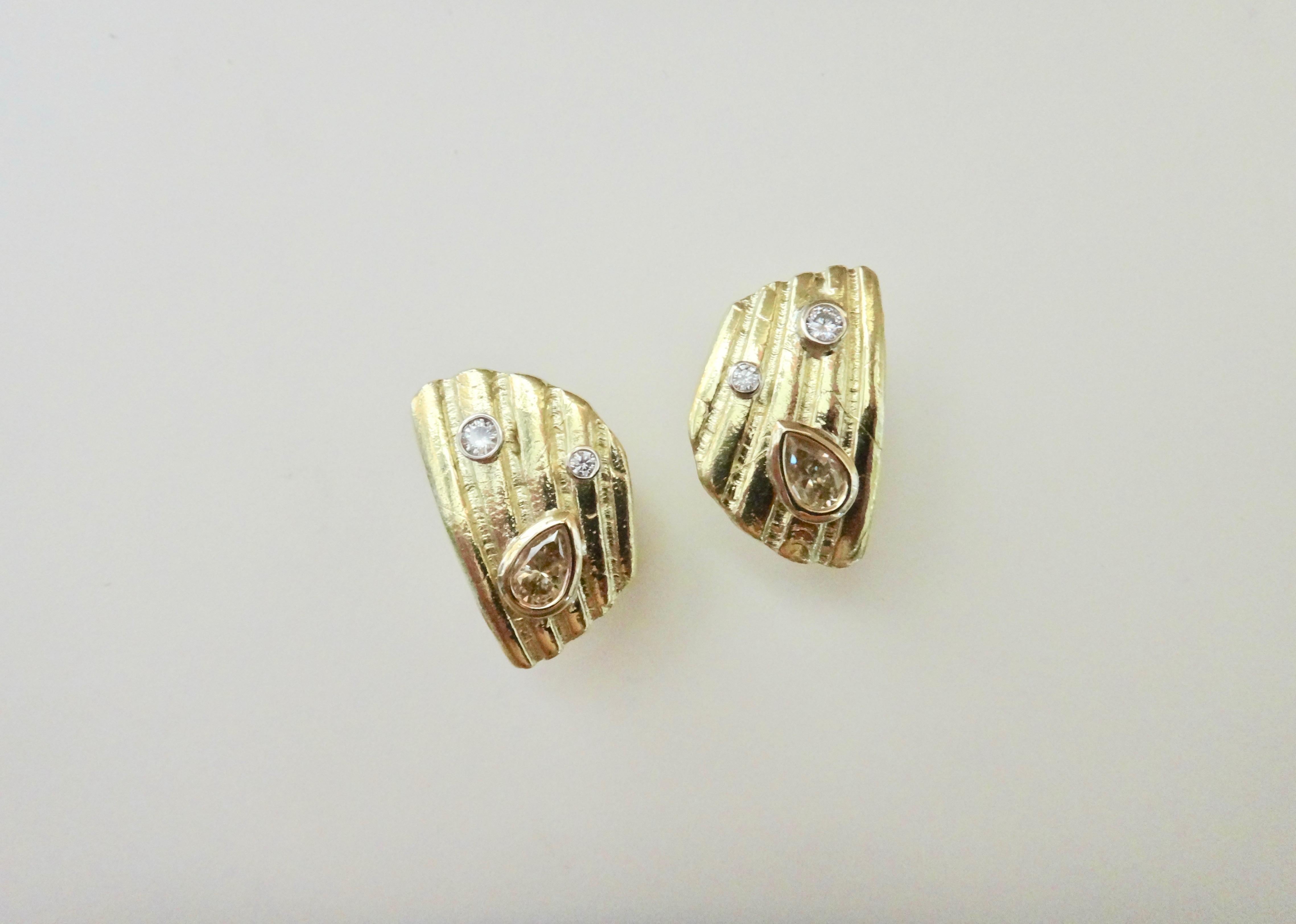 Pear Cut Michael Kneebone White Champagne Diamond 18 Karat Gold Shell Fragment Earrings