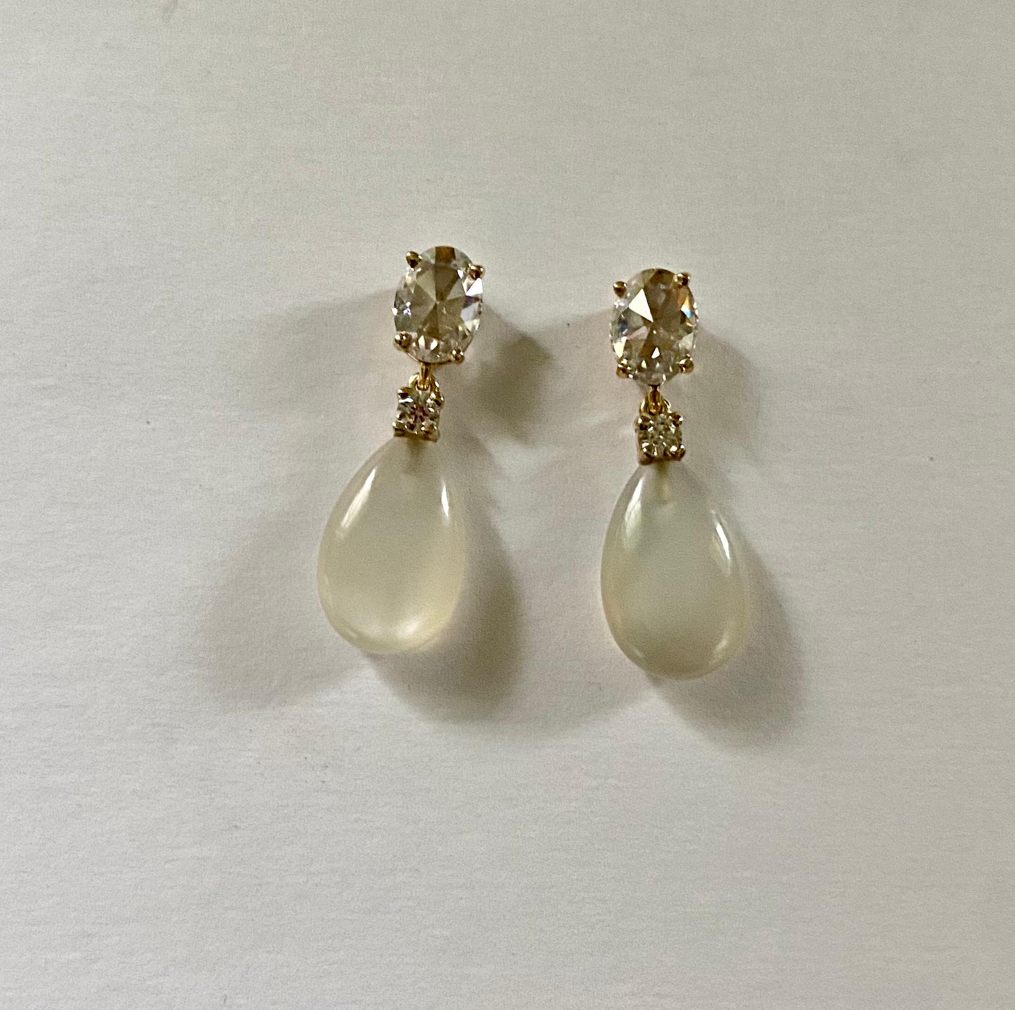 Women's Michael Kneebone White Moonstone Rose Cut Diamond Dangle Earrings For Sale