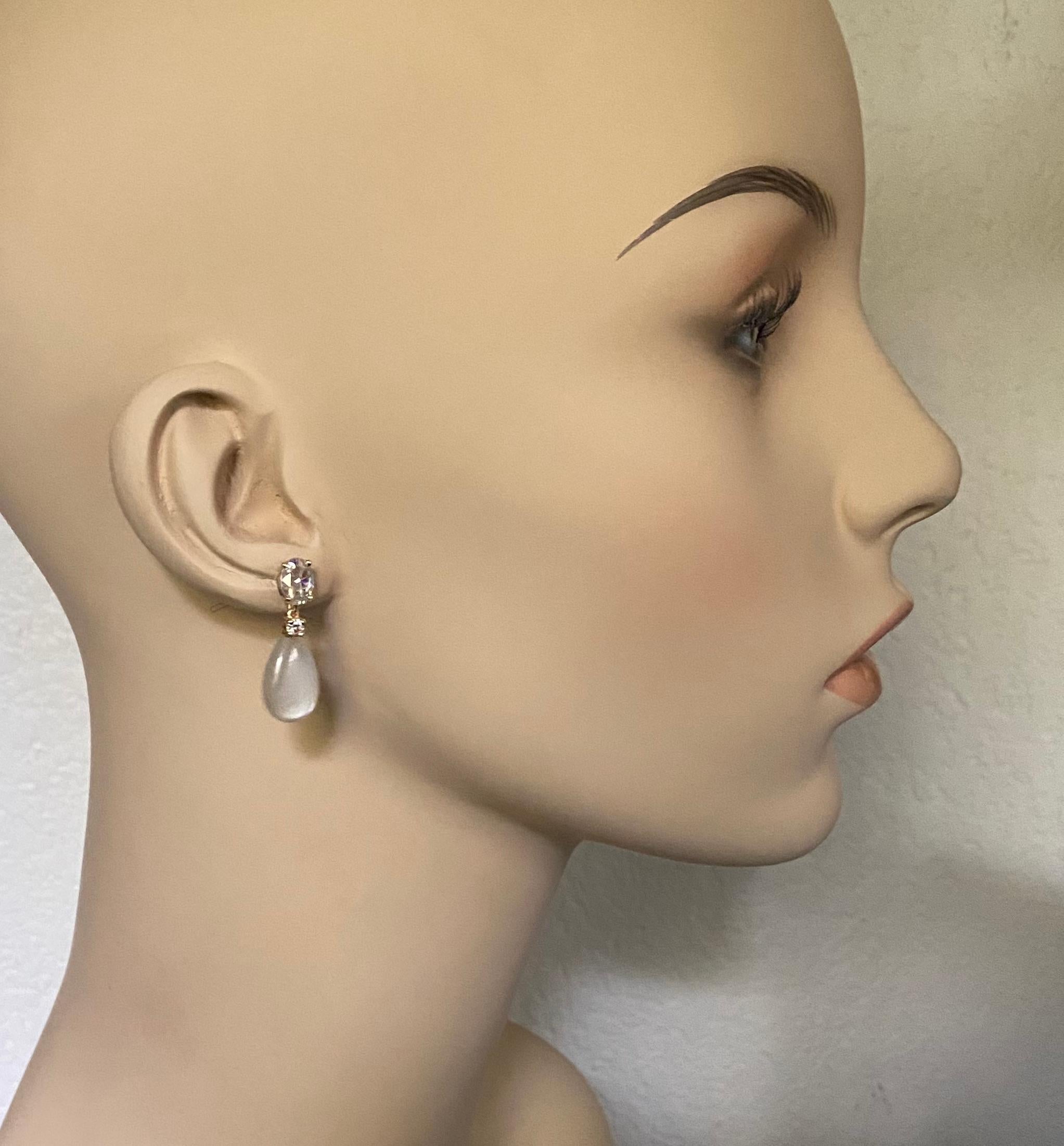 Michael Kneebone White Moonstone Rose Cut Diamond Dangle Earrings For Sale 3