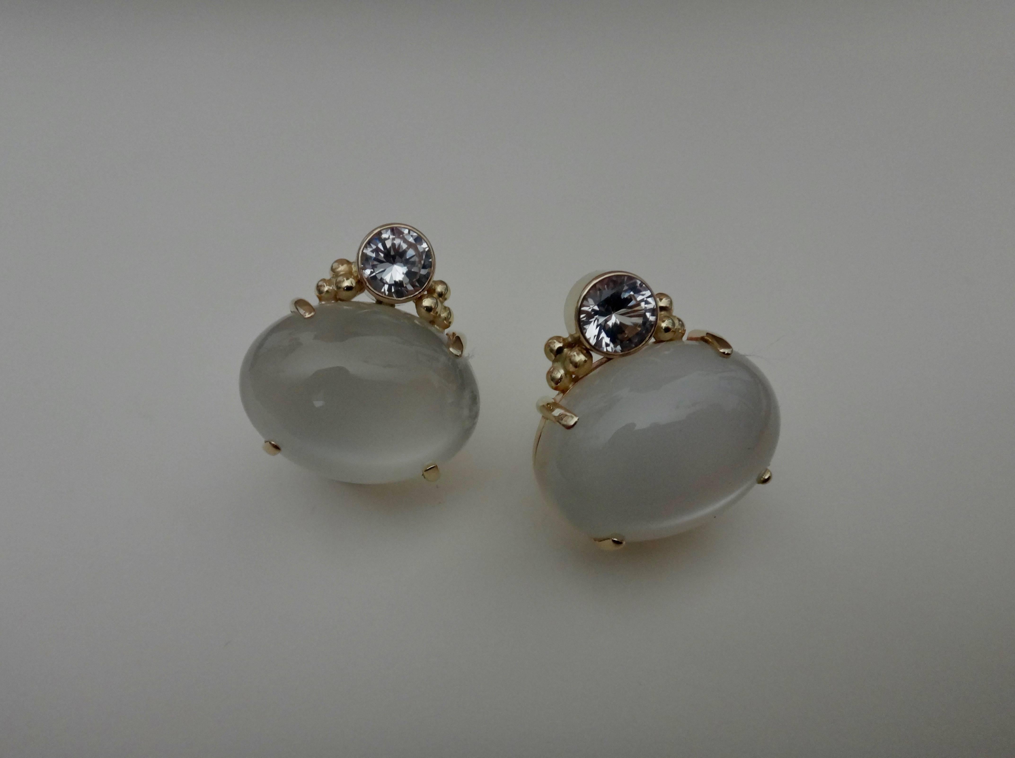 Michael Kneebone White Moonstone White Sapphire Gold Button Earrings In Excellent Condition In Austin, TX
