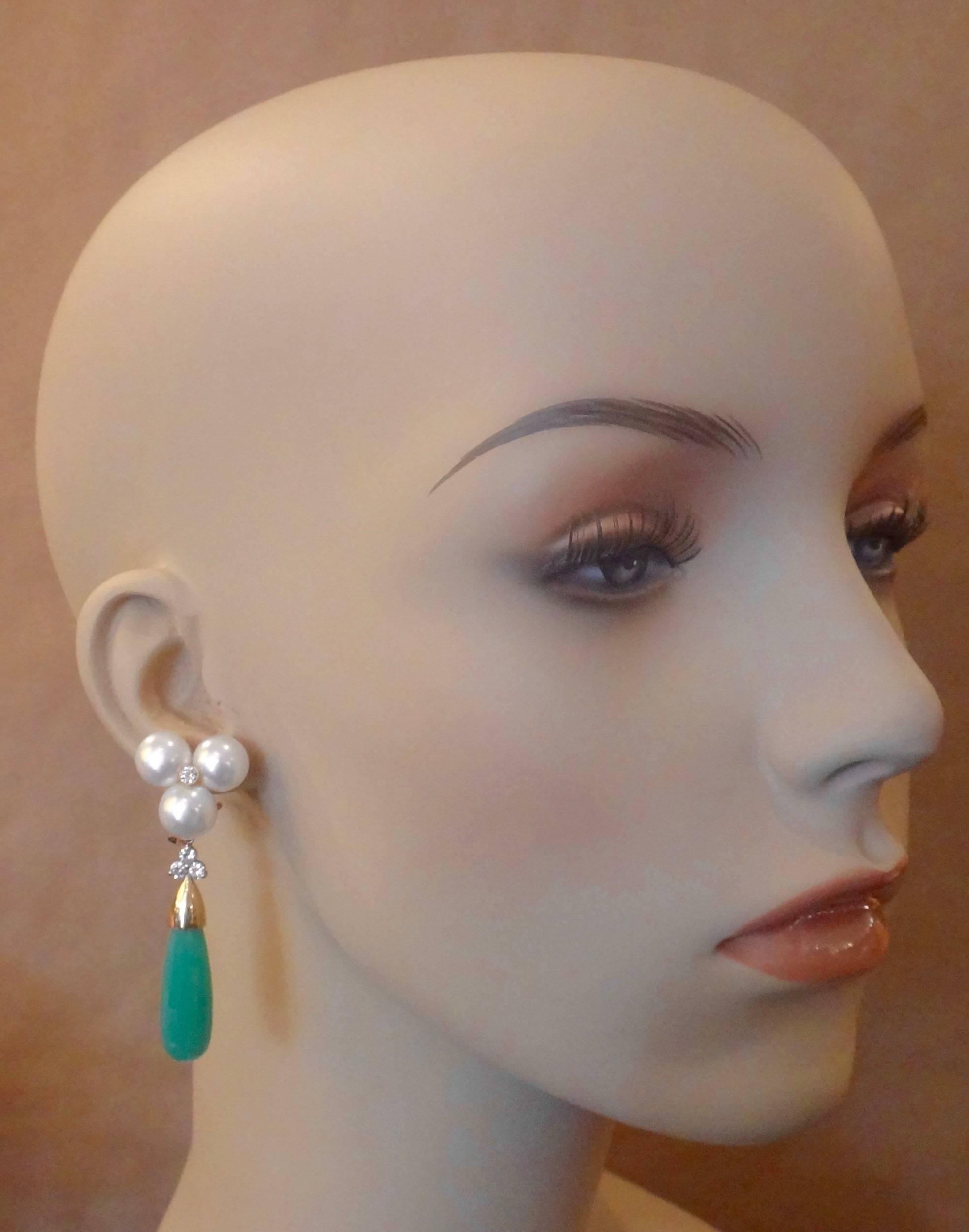 Michael Kneebone White Pearl Diamond Removable Chrysoprase Drop Earrings 2