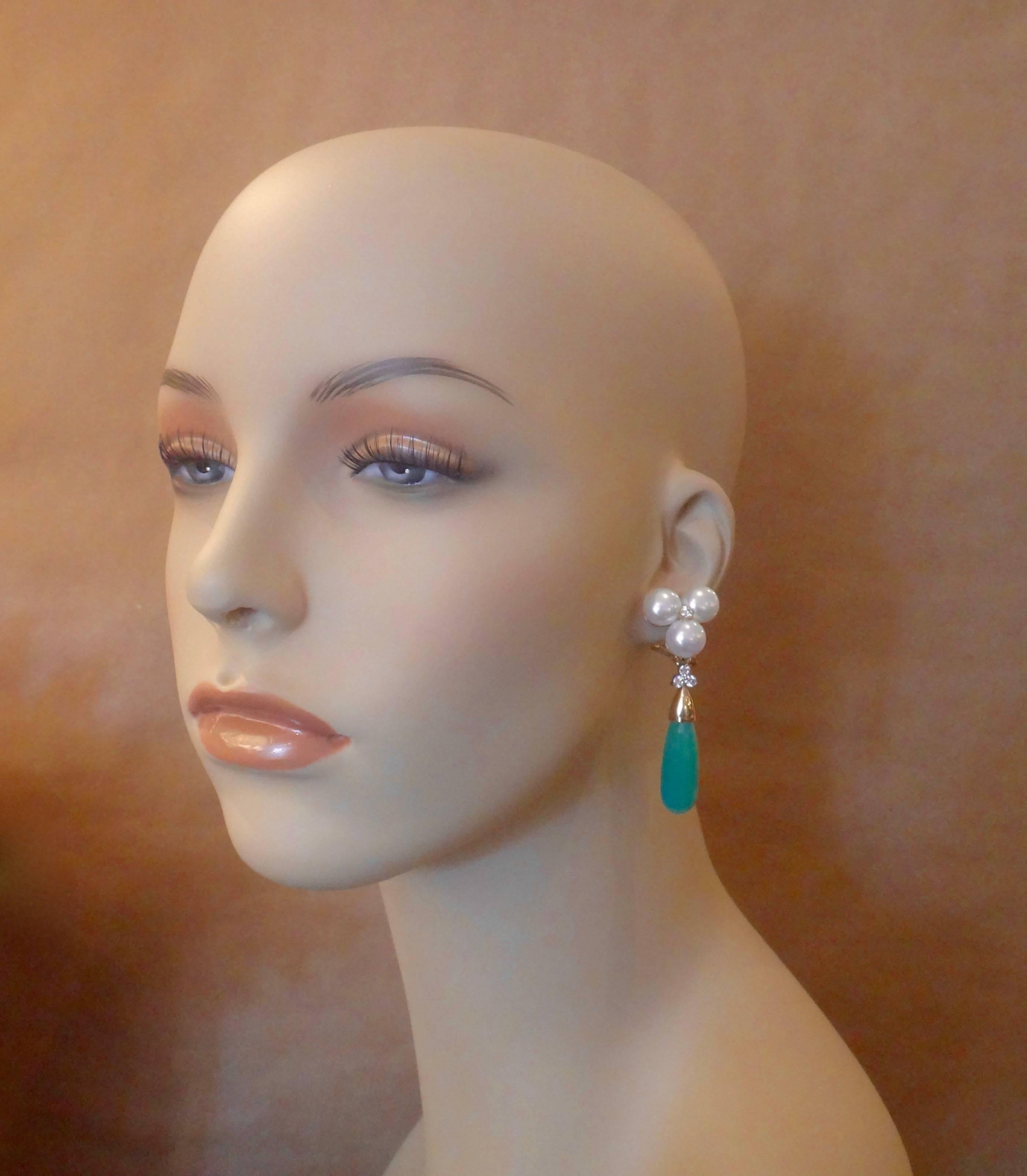 Michael Kneebone White Pearl Diamond Removable Chrysoprase Drop Earrings 3