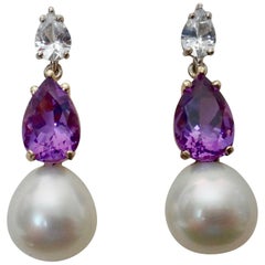 Michael Kneebone White Sapphire Amethyst South Seas Pearl Dangle Earrings