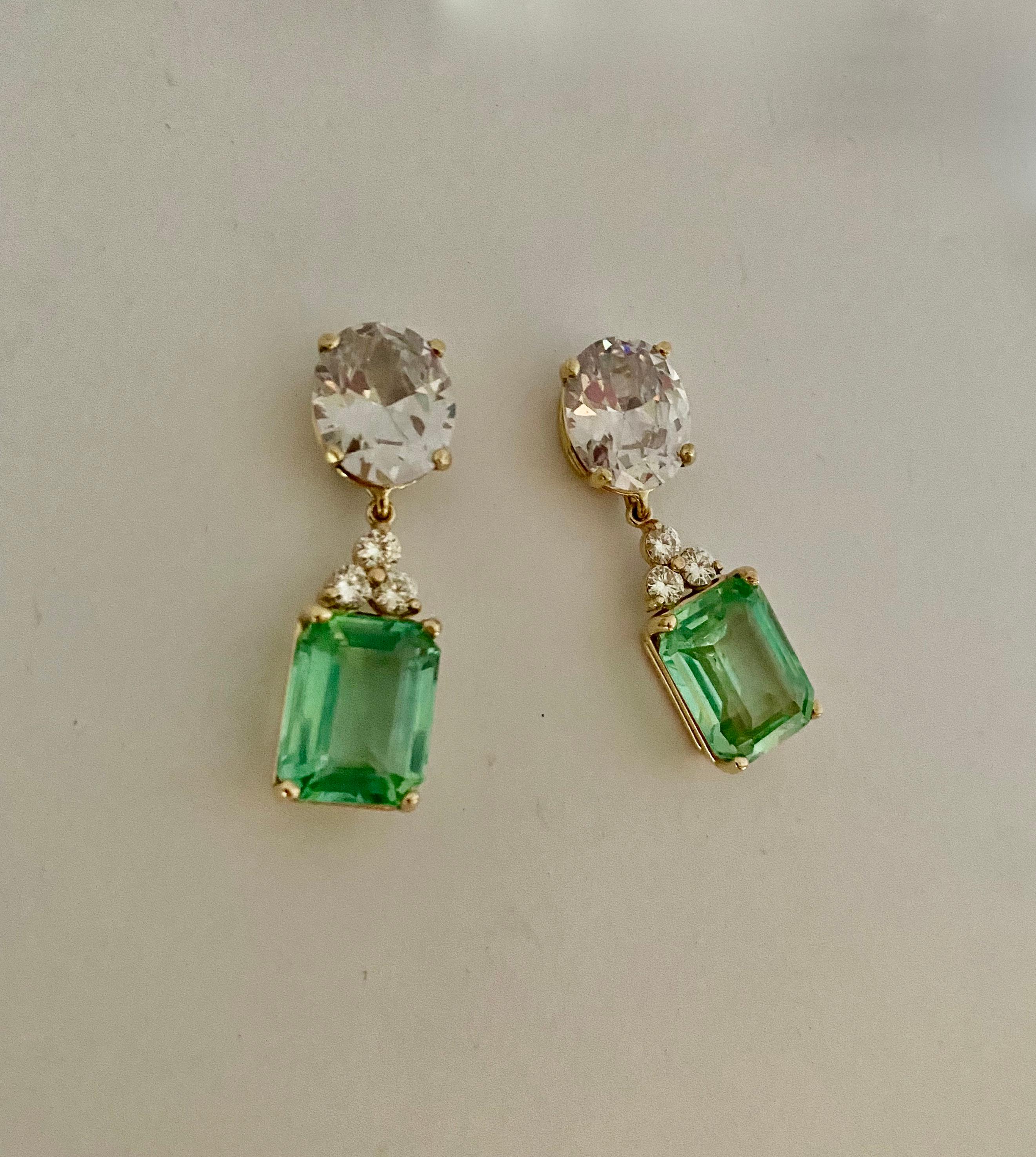 Michael Kneebone White Sapphire Diamond Green Beryl Dangle Earrings In New Condition For Sale In Austin, TX