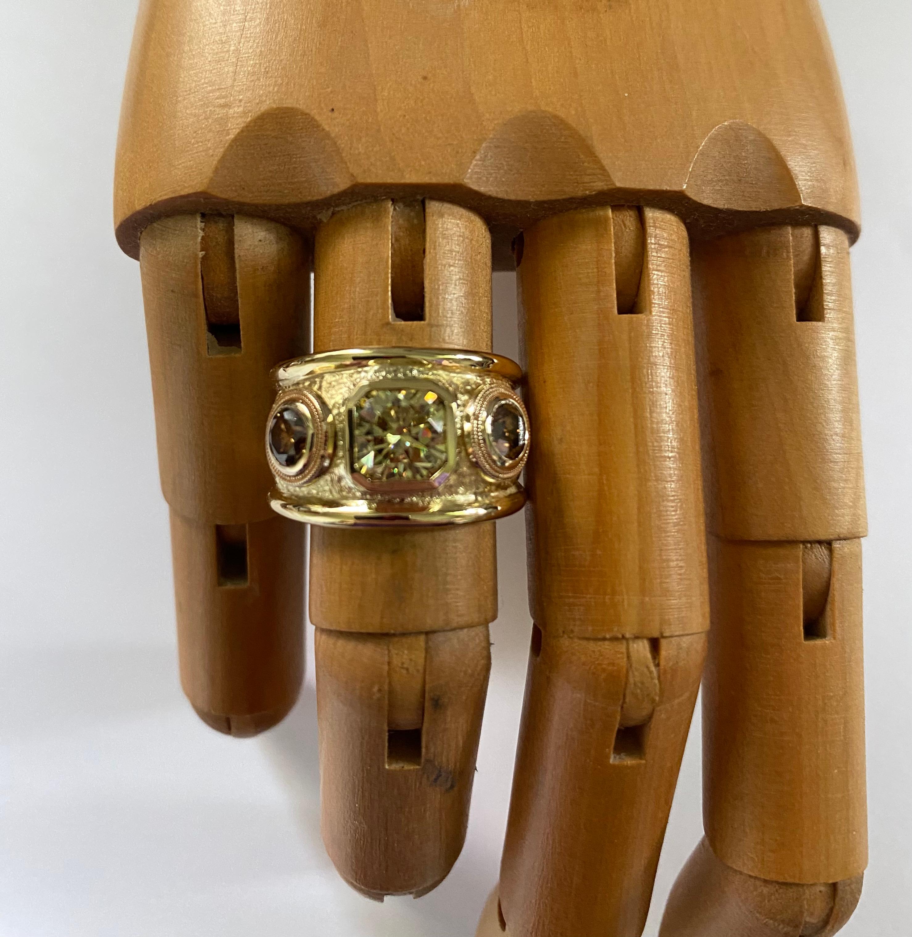 Michael Kneebone Yellow Diamond Cognac Diamond Three Stone Bombe Ring In New Condition In Austin, TX