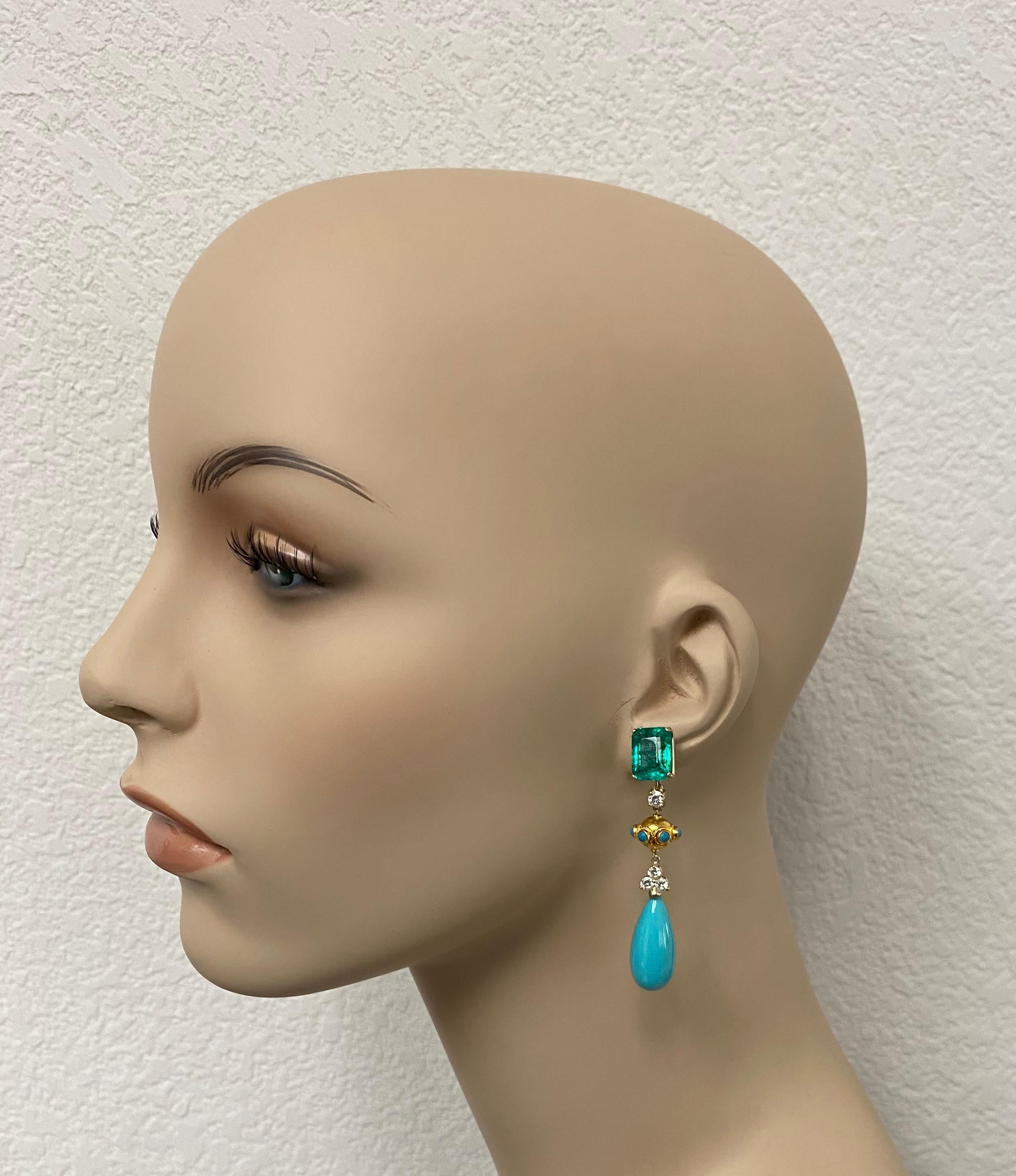 Michael Kneebone Zambian Emerald Diamond Persian Turquoise Dangle Earrings 2
