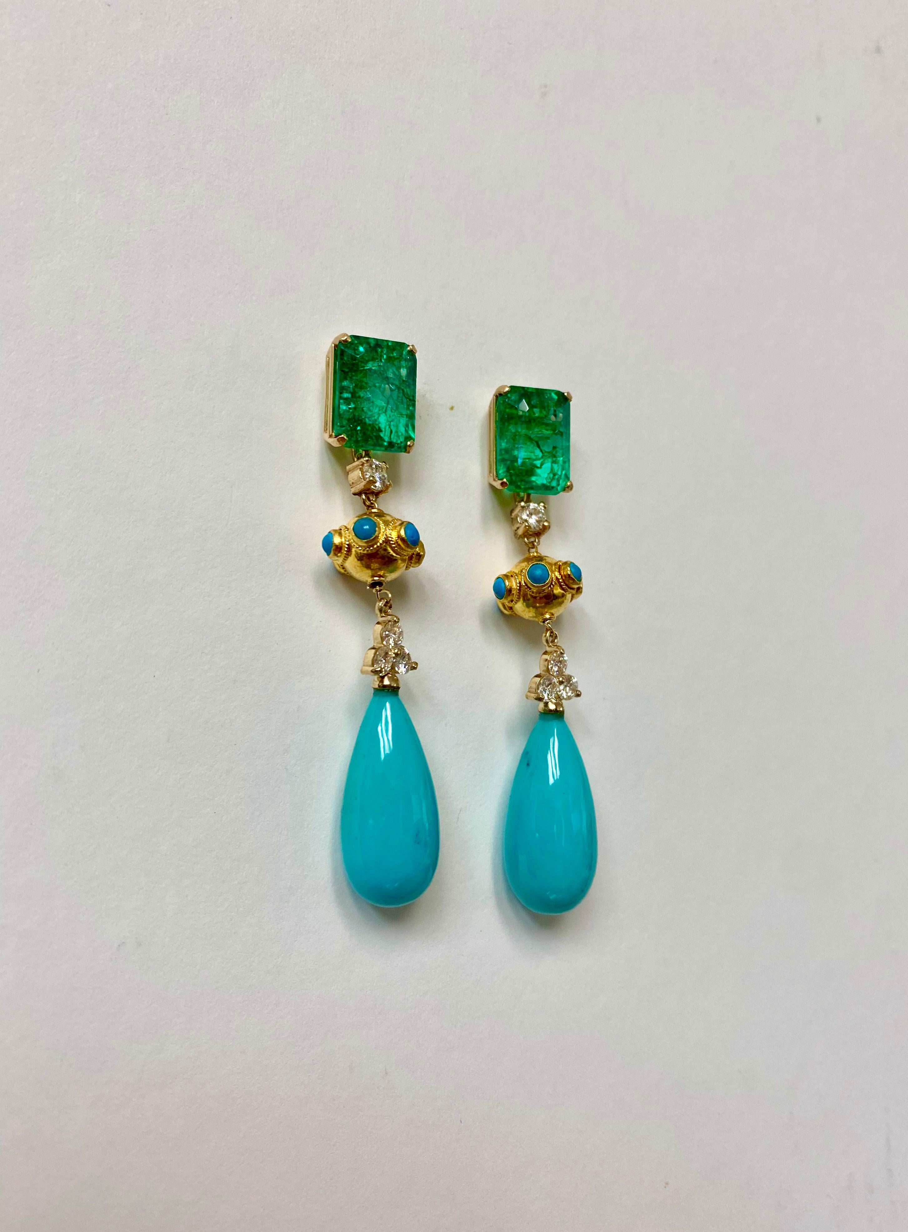 Contemporary Michael Kneebone Zambian Emerald Diamond Persian Turquoise Dangle Earrings