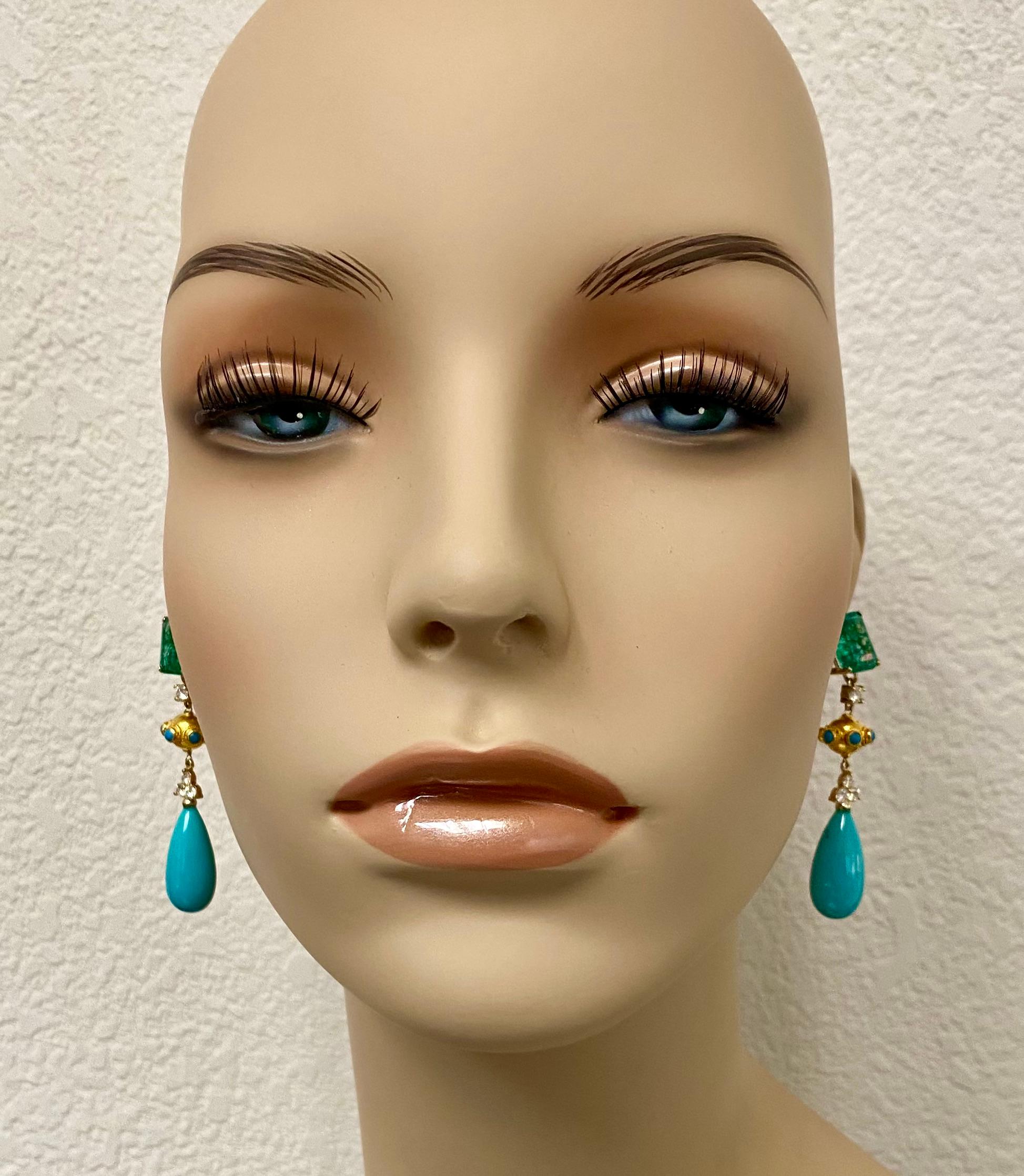 Mixed Cut Michael Kneebone Zambian Emerald Diamond Persian Turquoise Dangle Earrings