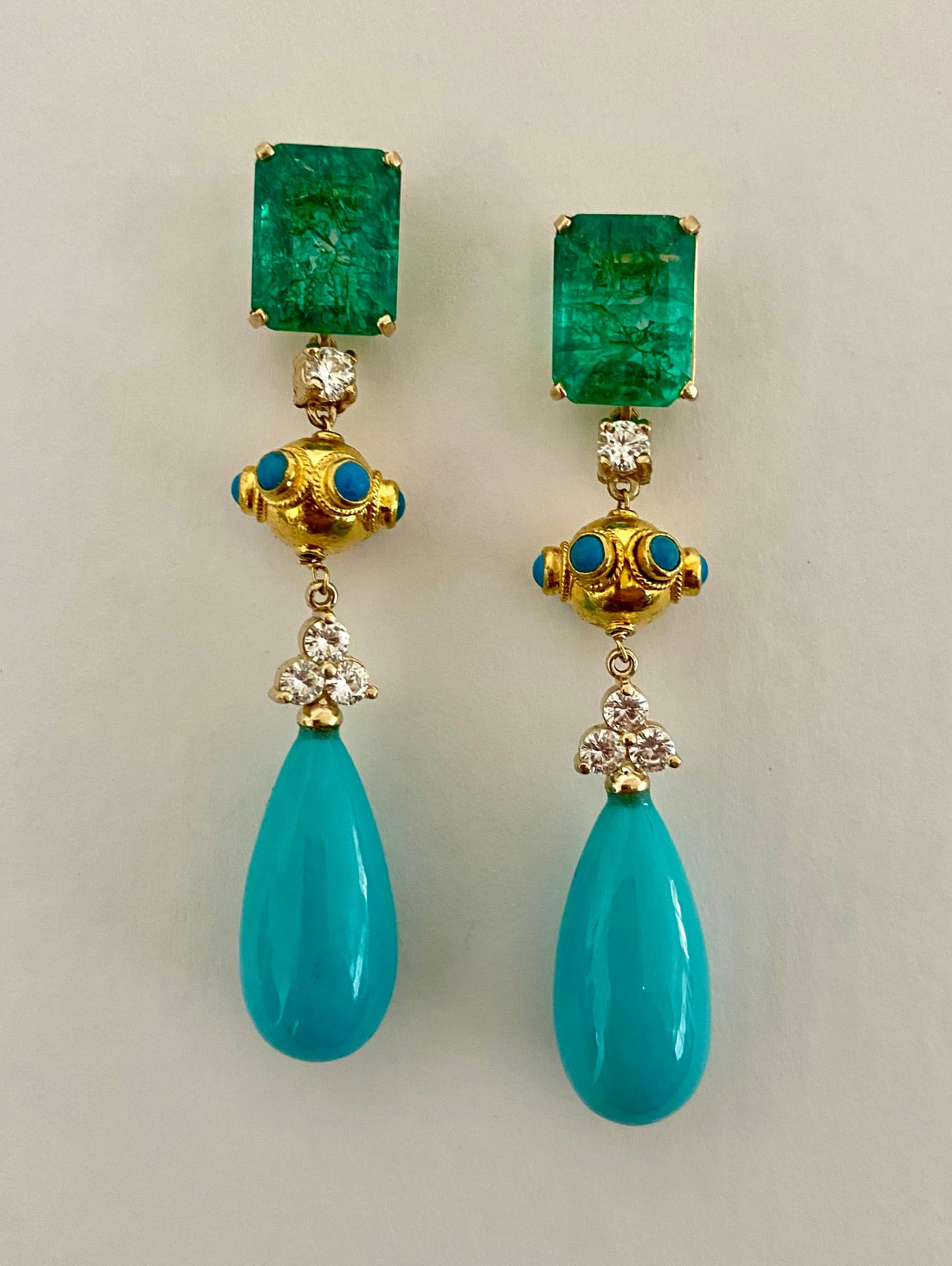 Michael Kneebone Zambian Emerald Diamond Persian Turquoise Dangle Earrings In New Condition In Austin, TX