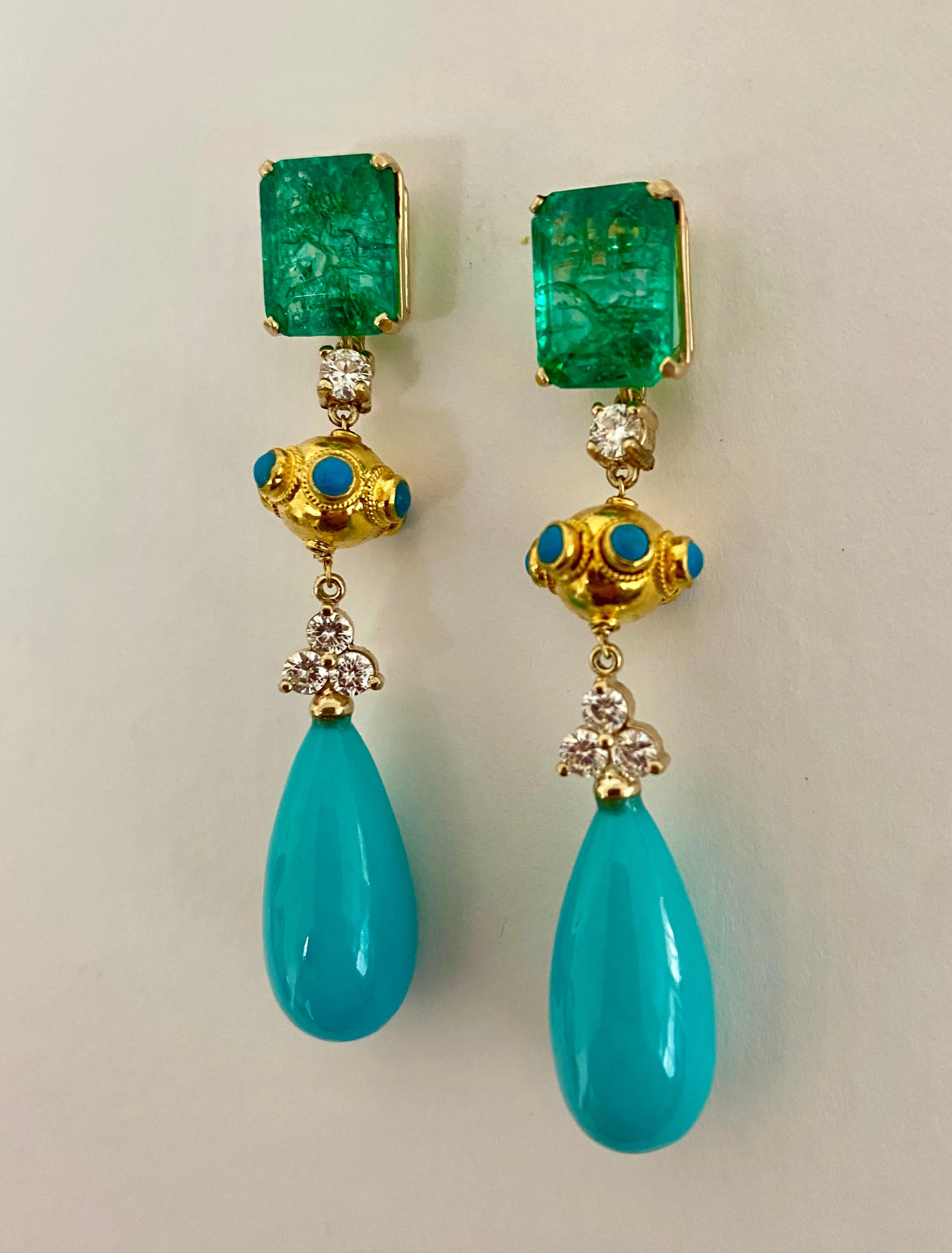 Michael Kneebone Zambian Emerald Diamond Persian Turquoise Dangle Earrings 1