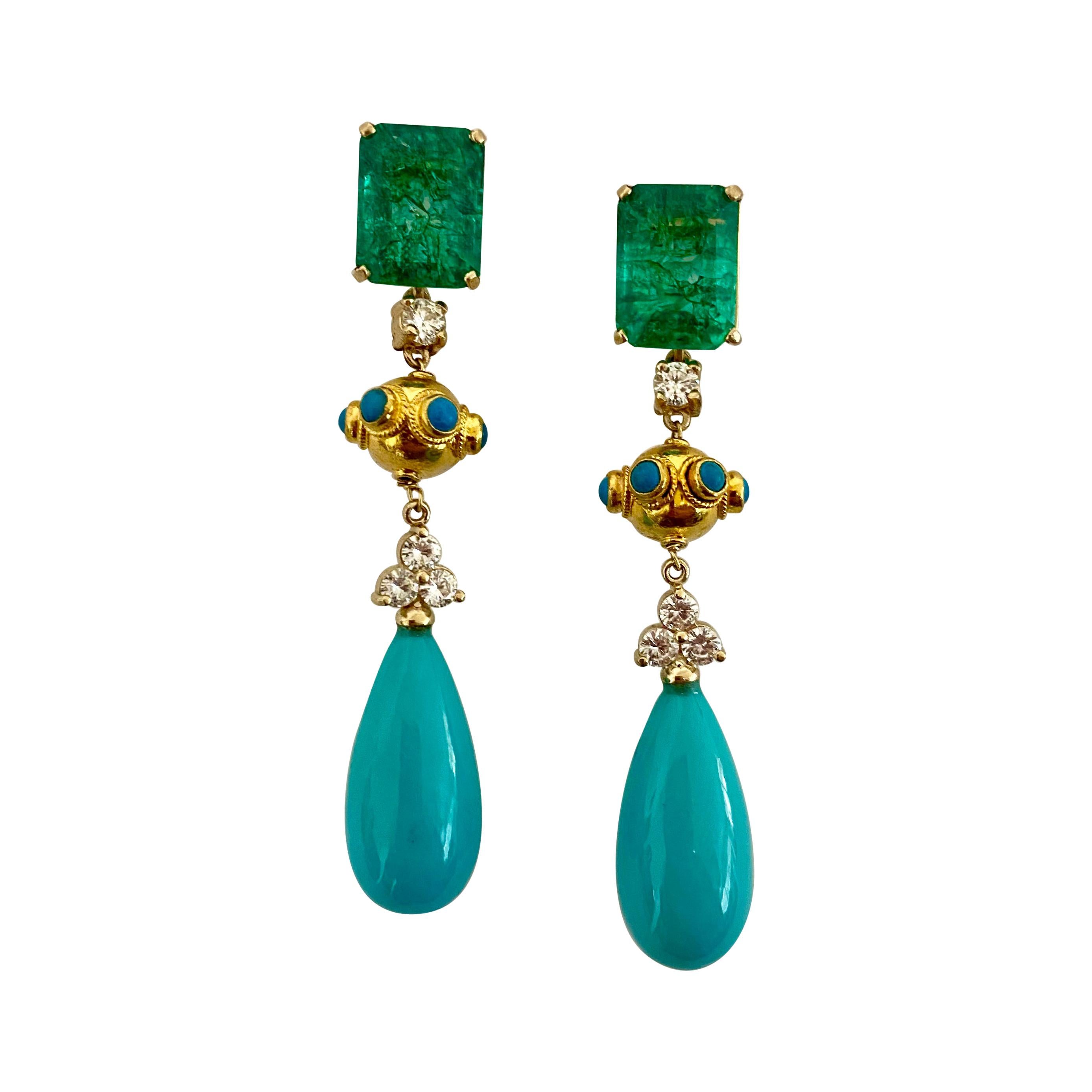Michael Kneebone Zambian Emerald Diamond Persian Turquoise Dangle Earrings