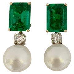 Michael Kneebone Zambian Emerald Diamond South Seas Pearl Dangle Earrings