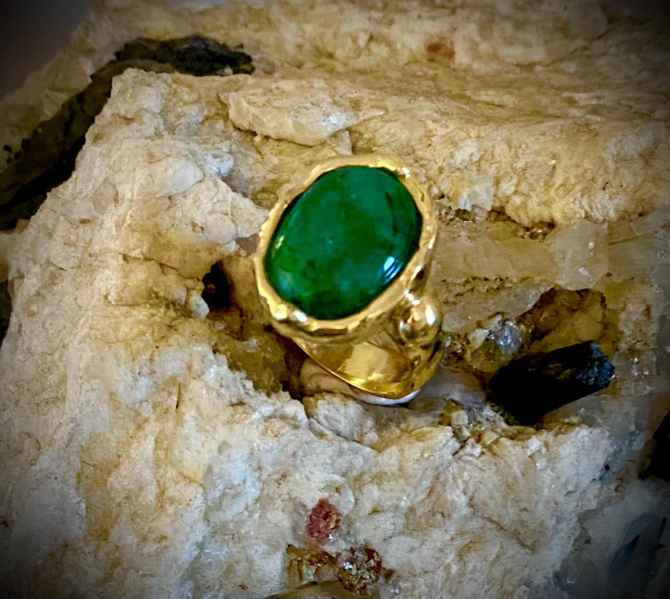 Contemporary Michael Kneebone Zambian Emerald Sculpted Archaic Style Unisex Ring For Sale