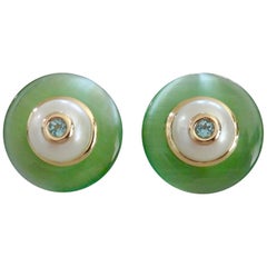 Michael Kneebone Zircon Button Pearl Fluorite 18 Karat Gold Button Earrings