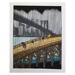 Michael Knigin Original-Farblithographie, 1978, Sudden Shower 2 nach Hiroshige