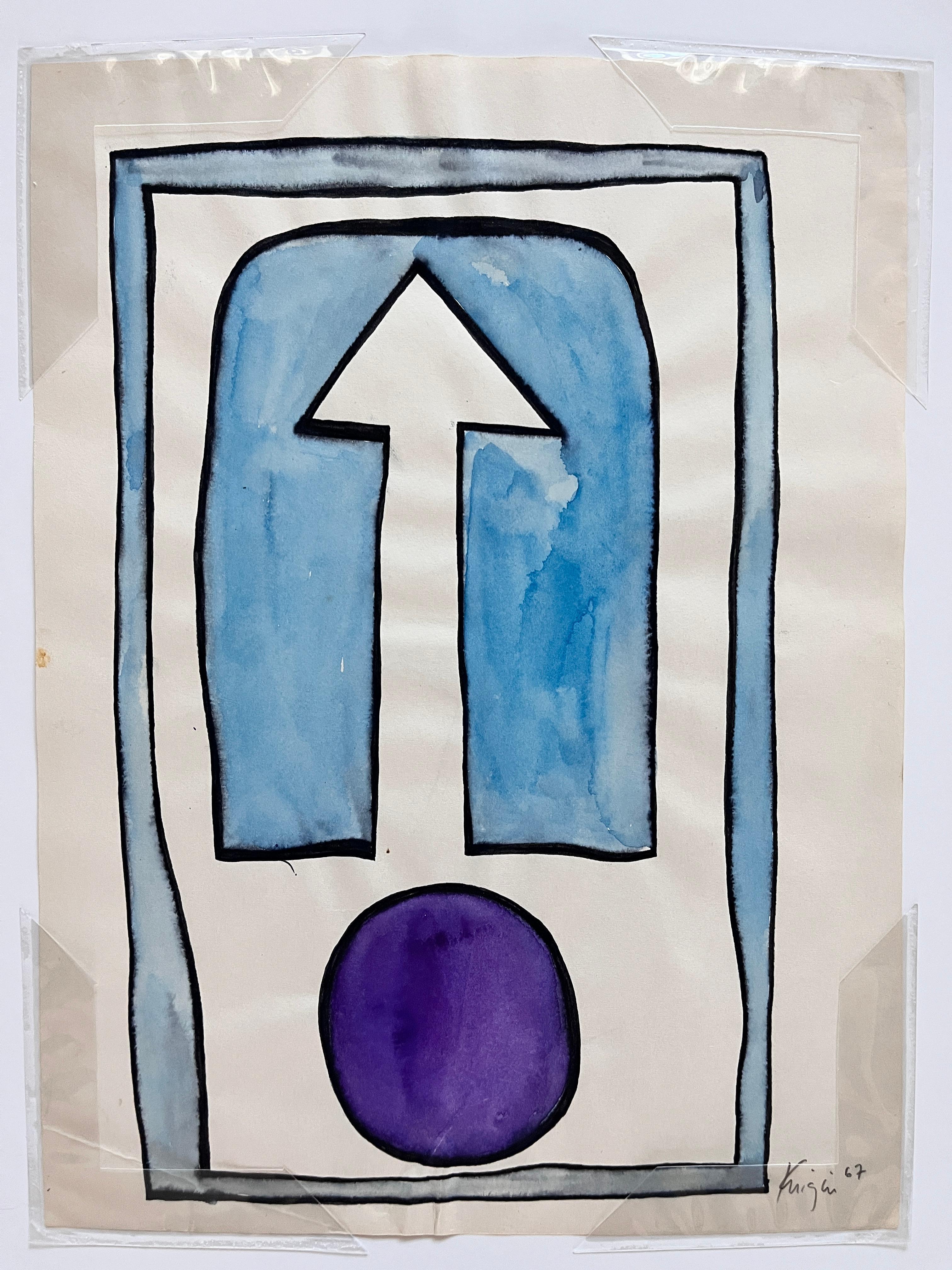 Michael Knigin Abstract Drawing – Abstrakt 3 Blau und Lila, 1967 Aquarell auf Papier, signiert, 8,25x11