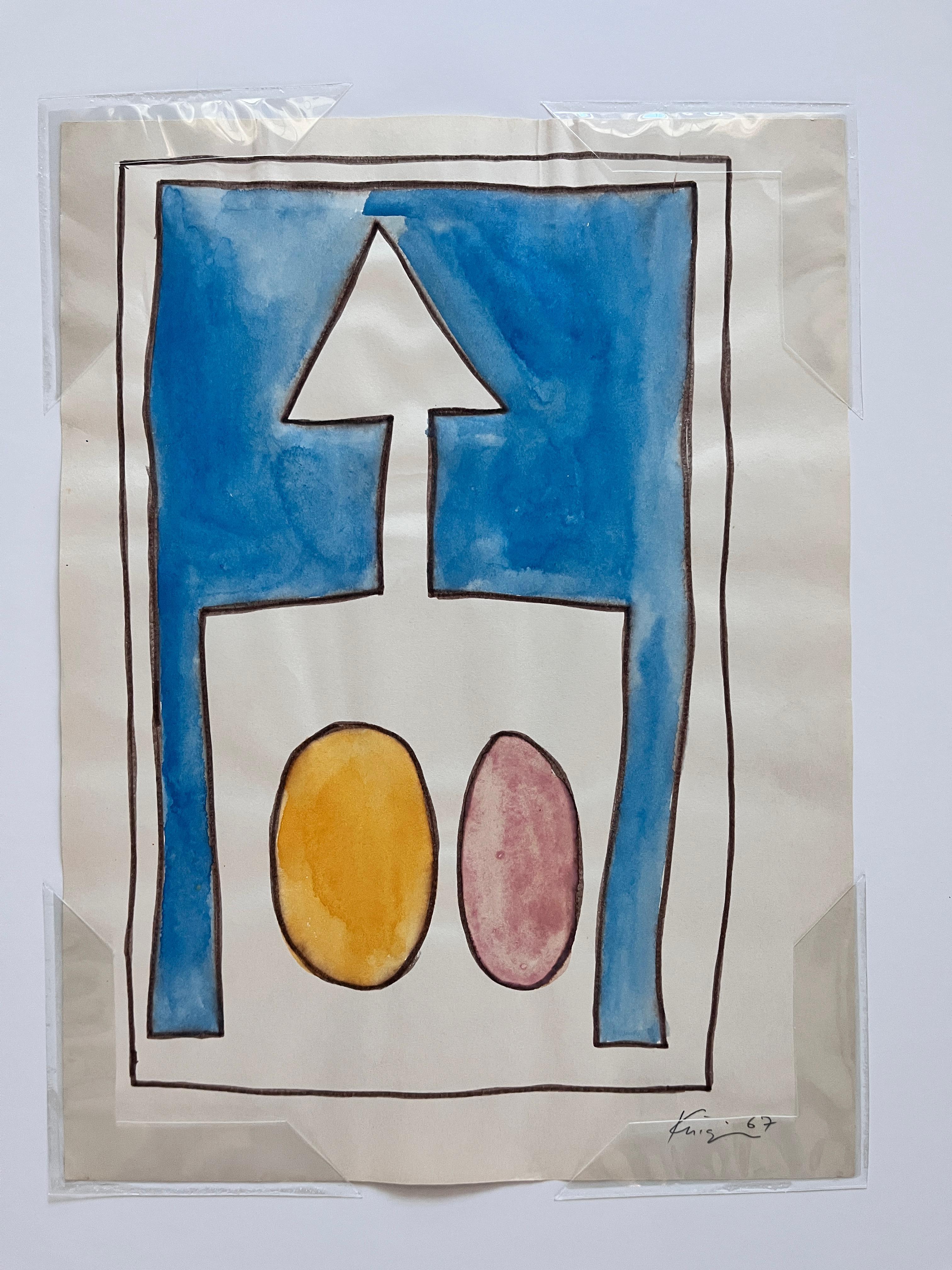 Abstract Drawing di Michael Knigin - Acquerello astratto 4 rosa blu e giallo, firmato, 1967, 8,25x11