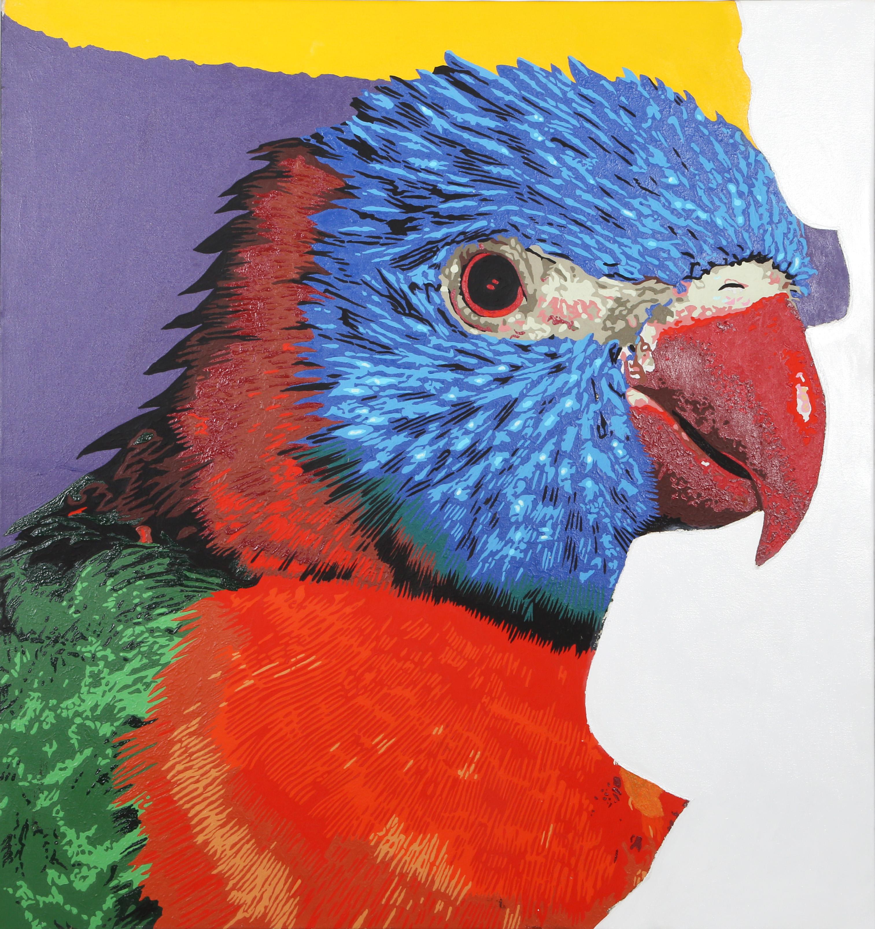 Parrot
Michael Knigin, American (1942–2011)
Acrylic on Canvas
Size: 39.5 x 37.25 in. (100.33 x 94.62 cm)

A close-up portrait of a Rainbow Lorikeet, a species of parrot found in Australia. Its bold colors are cleanly sectioned from each other and