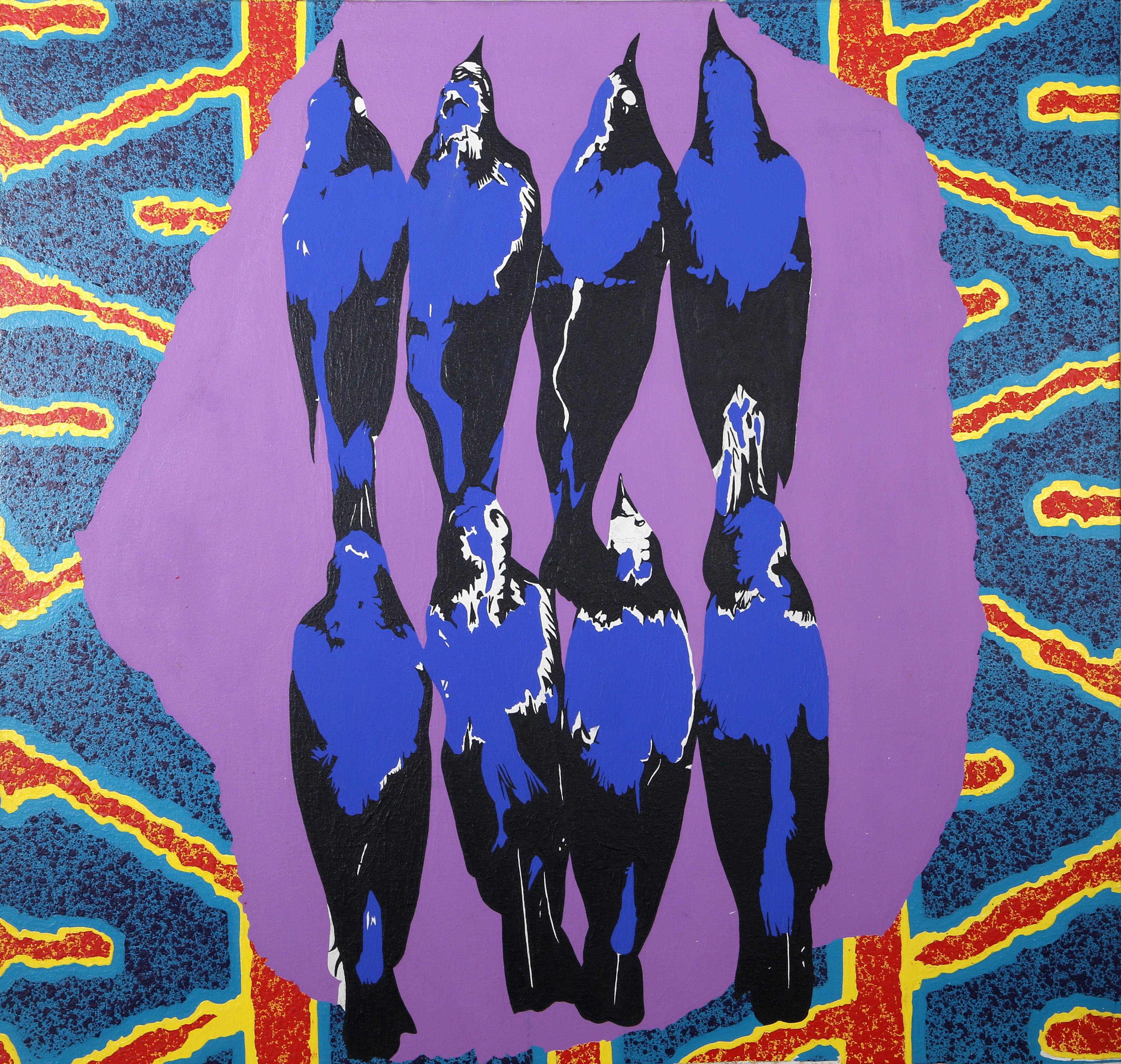 Rettet unsere Seelen
Michael Knigin, Amerikaner (1942-2011)
Datum: ca. 1992
Acryl auf Leinwand
Größe: 38 x 40 Zoll (96,52 x 101,6 cm)

Acht elektrisch blaue Krähen sind in zwei Reihen vor einem psychedelischen und neonfarbenen Hintergrund