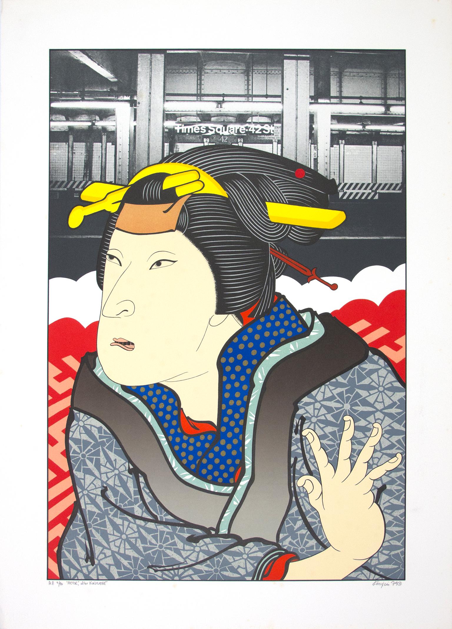 Michael Knigin Figurative Print - "Actor, After Kunishige" Original Lithograph japan pop art figure bright signed