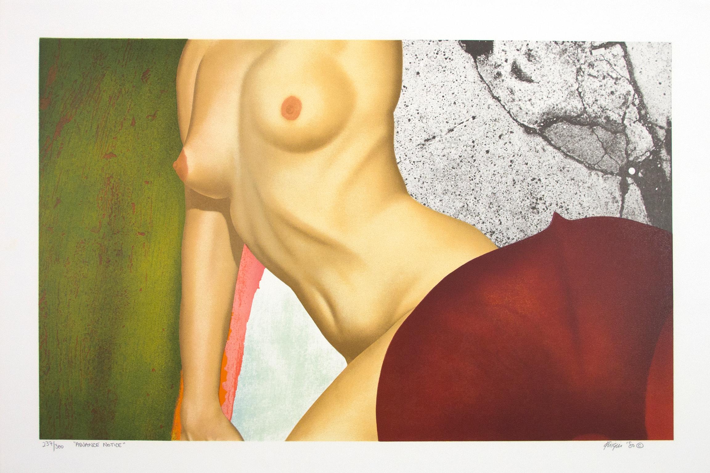 "Advance Notice" is an original color lithograph by Michael Knigin. This artwork feature a nude torso and a close-up of a flower petal. The artist signed the piece lower right and titled and wrote the edition number (237/300) lower left. 

17" x 26